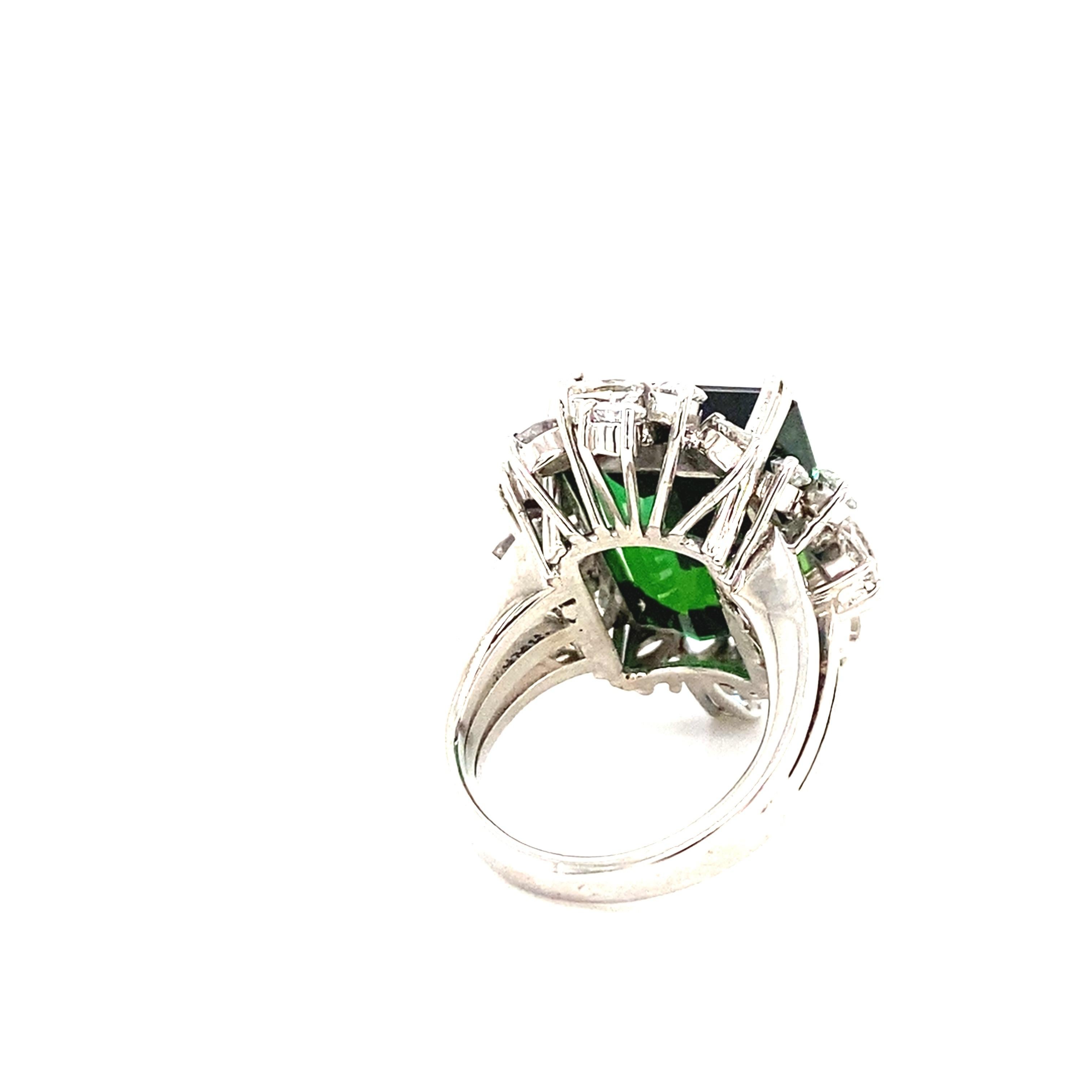 Emerald Cut 18 Karat White Gold Green Tourmaline Diamond Cocktail Ring For Sale