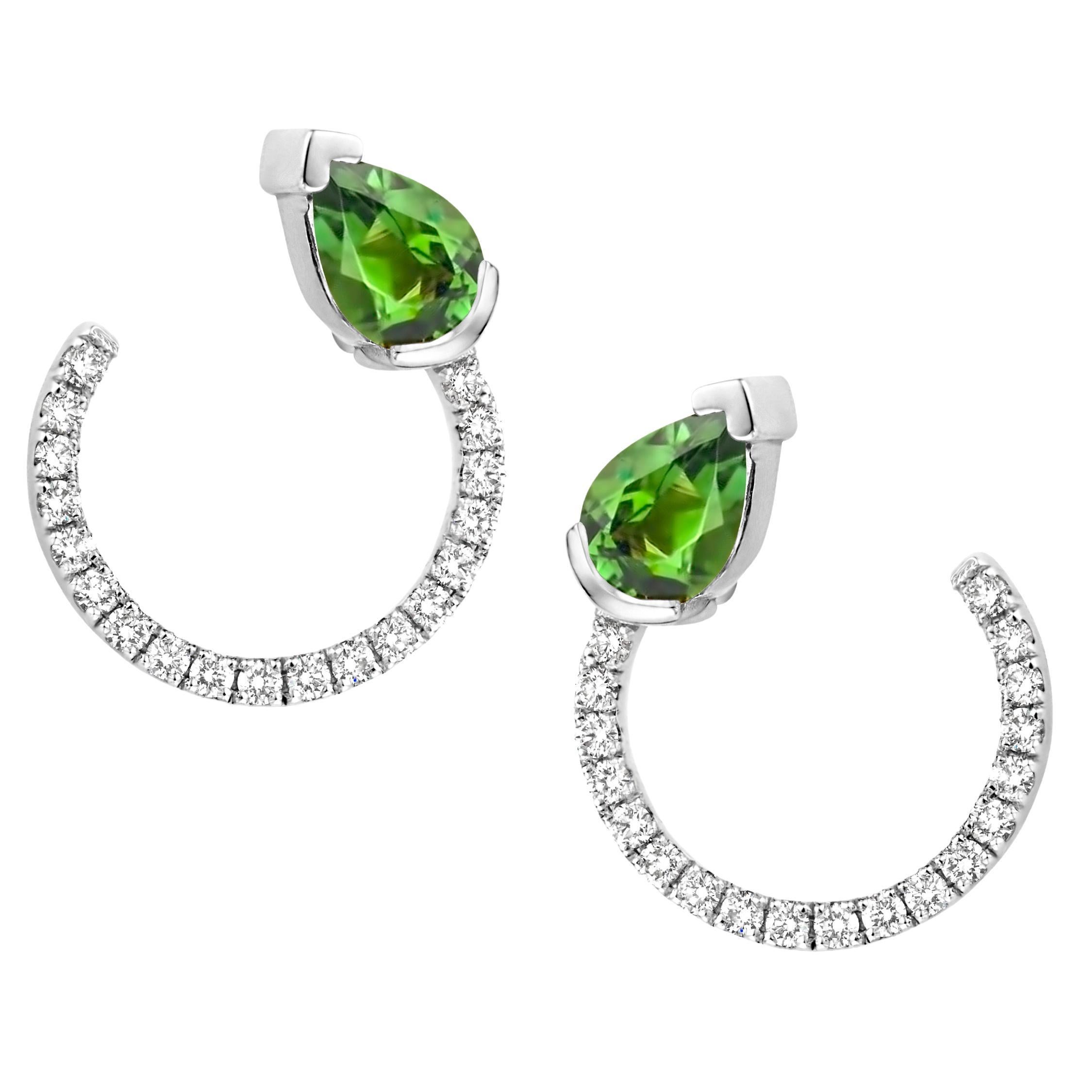 18 Karat White Gold Green Tourmaline Diamond Curved Earrings