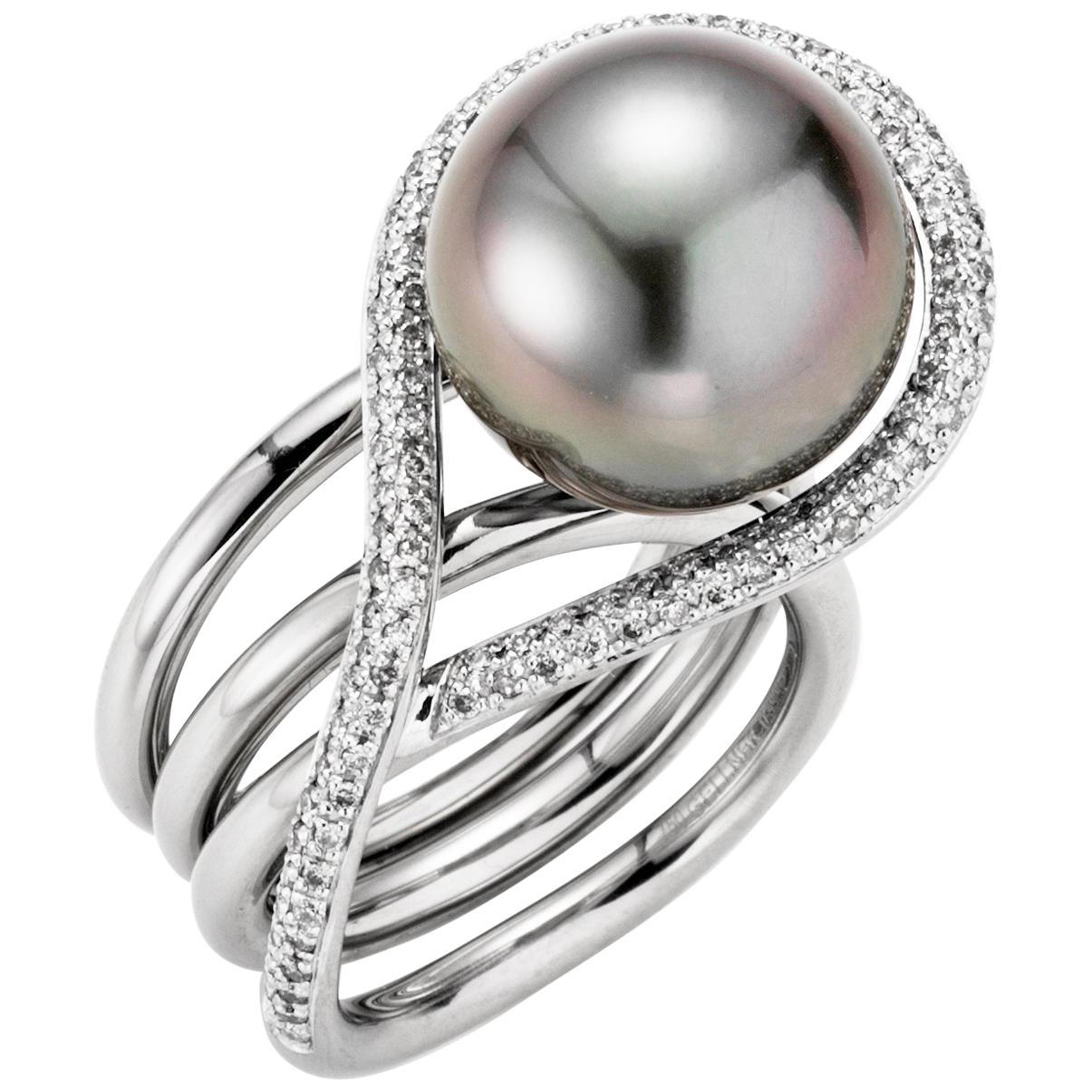 18 Karat White Gold Grey Tahitian Cultured Pearl Diamond Cocktail Ring For Sale