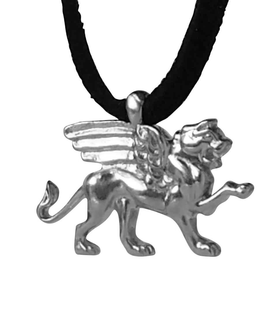 18 Karat White Gold Winged Lion Griffin Pendant Necklace 1 inch wide For Sale