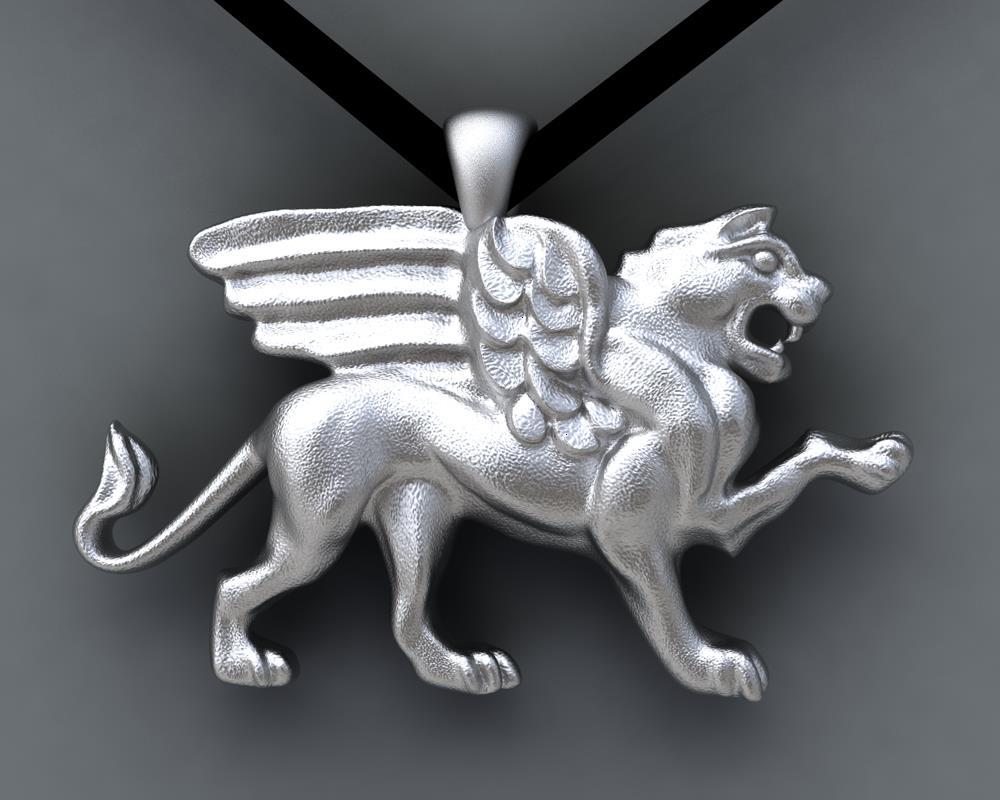 Contemporary 18 Karat White Gold Winged Lion Griffin Pendant Necklace 1 inch wide For Sale