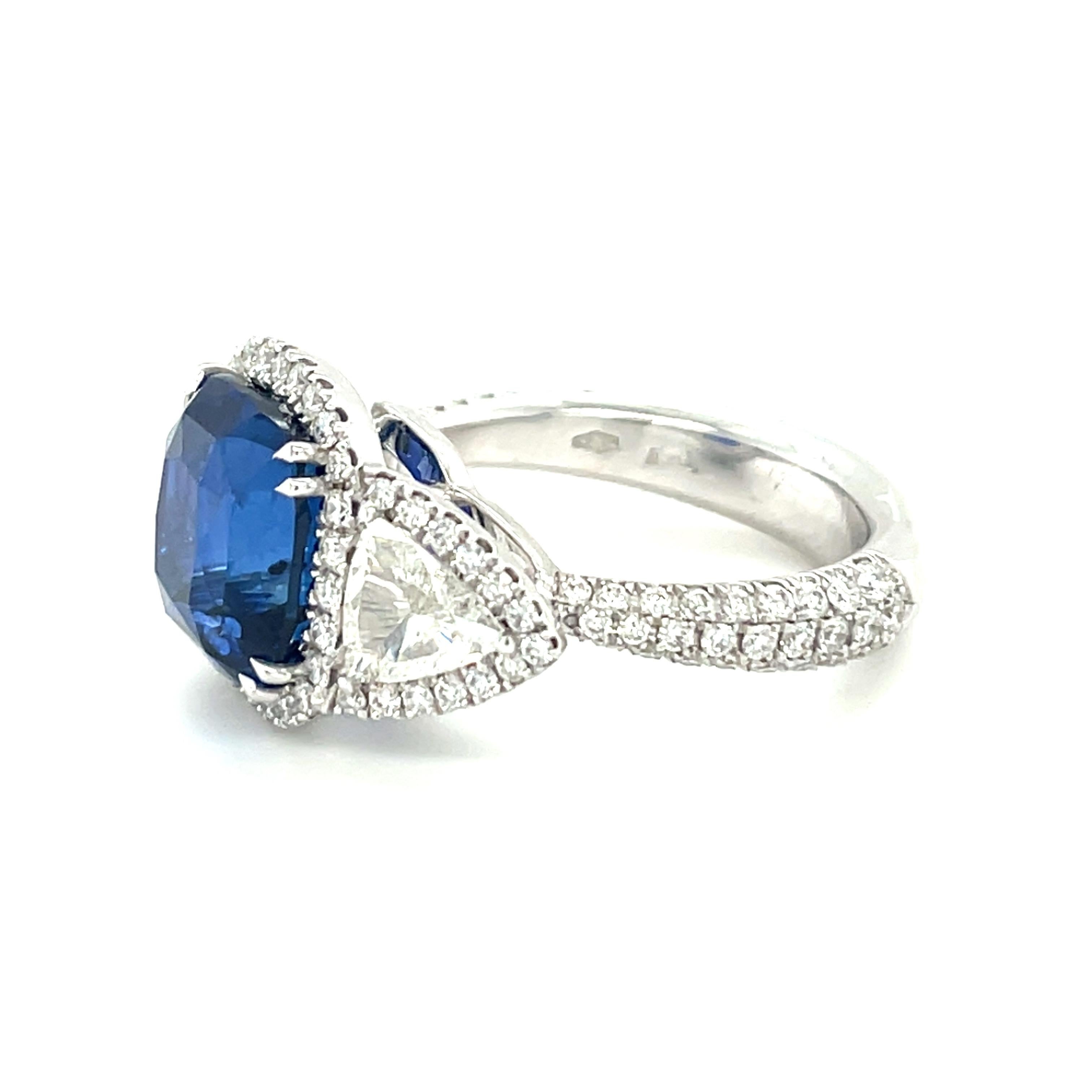 Cushion Cut 18 Karat White Gold GRS Sapphire Trillion Diamonds Engagement Ring For Sale