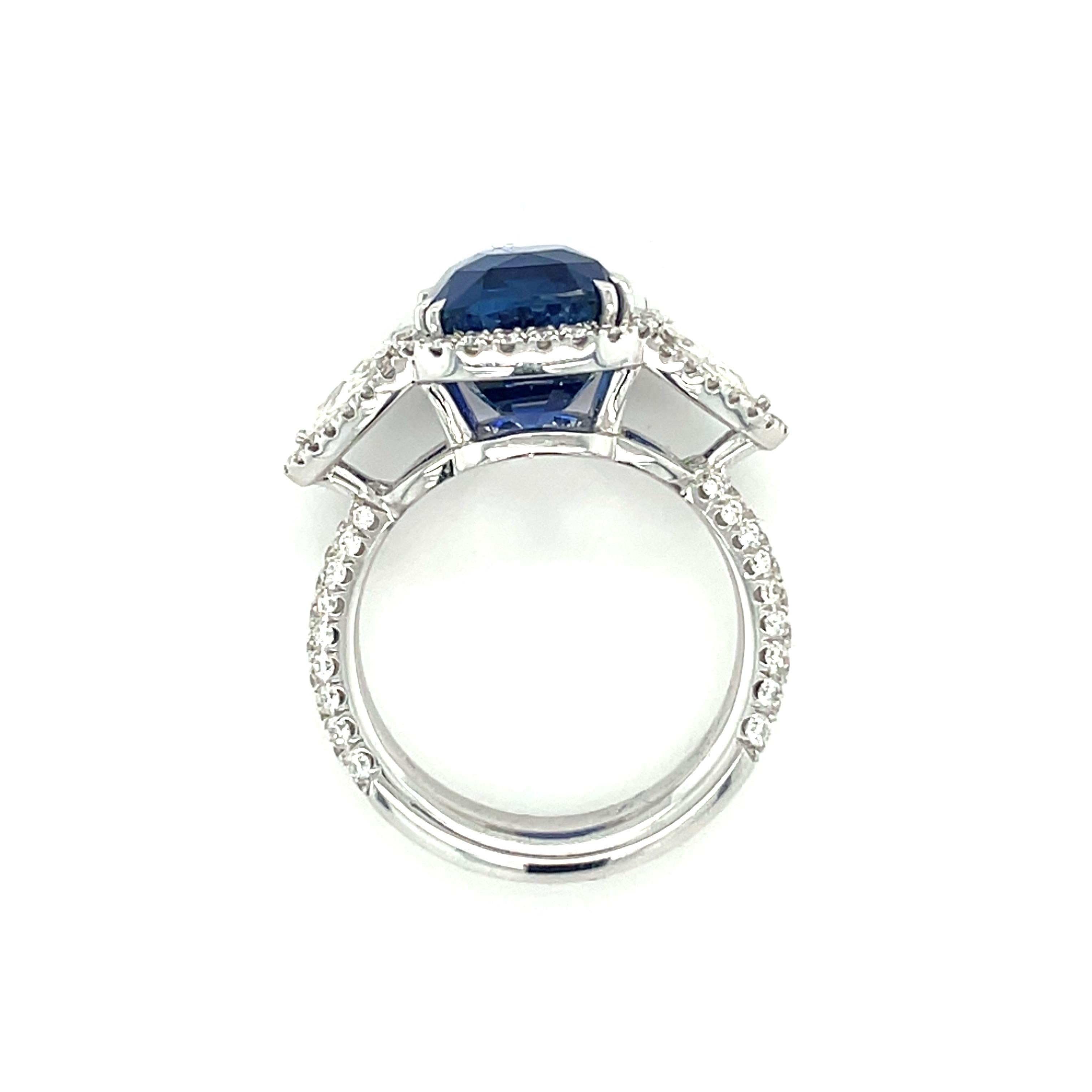 18 Karat White Gold GRS Sapphire Trillion Diamonds Engagement Ring For Sale 1