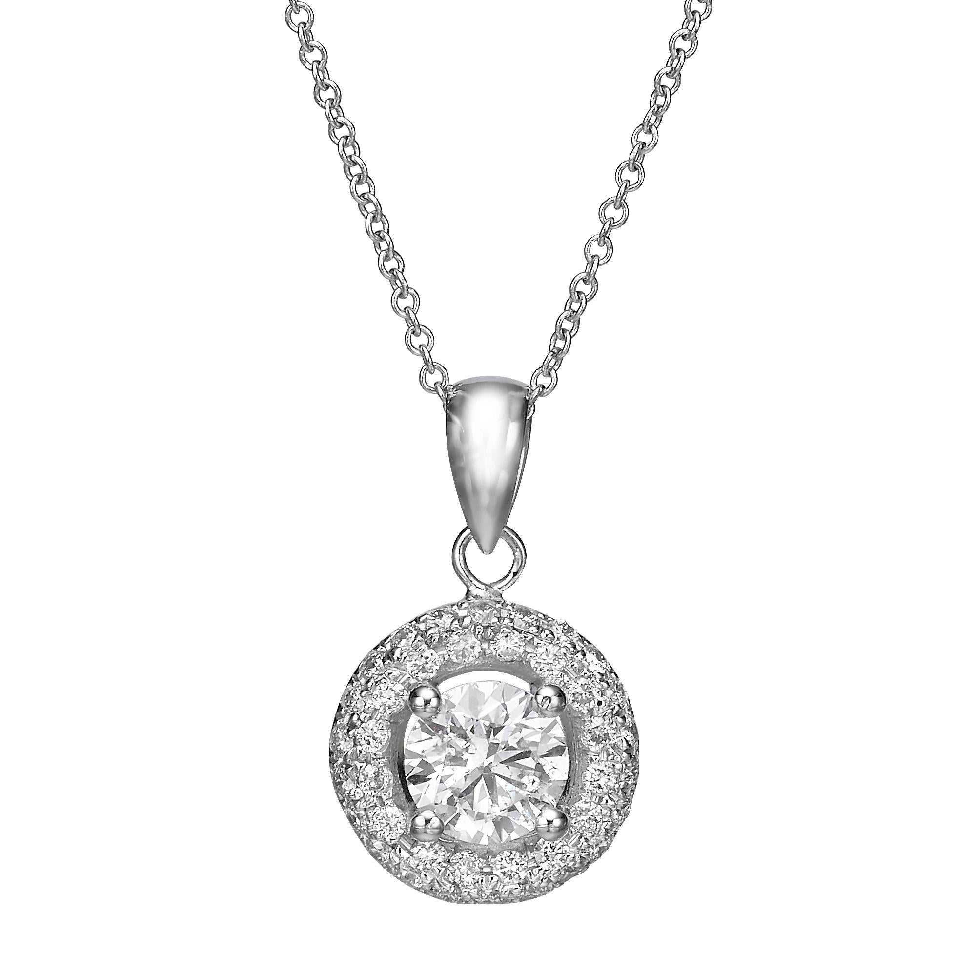 Lot# 4056843
An elegant halo pendant crafted from 8K white gold and features a brilliant round diamond at its center weighing 1.01 carats  H-I  SI2-I1.Surrounding the center stone is a delicate halo of small diamonds that match the center stone,