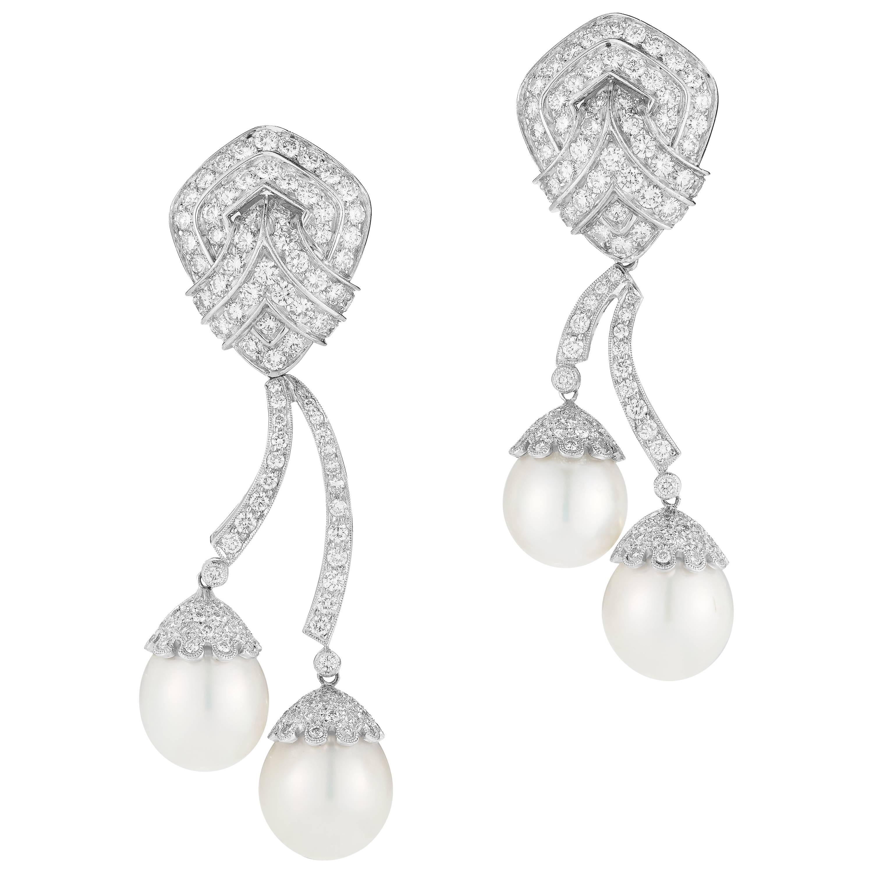 18 Karat White Gold Hanging Diamond and South Sea Pearl Earrings