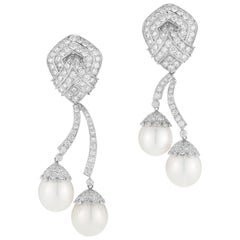 18 Karat White Gold Hanging Diamond and South Sea Pearl Earrings