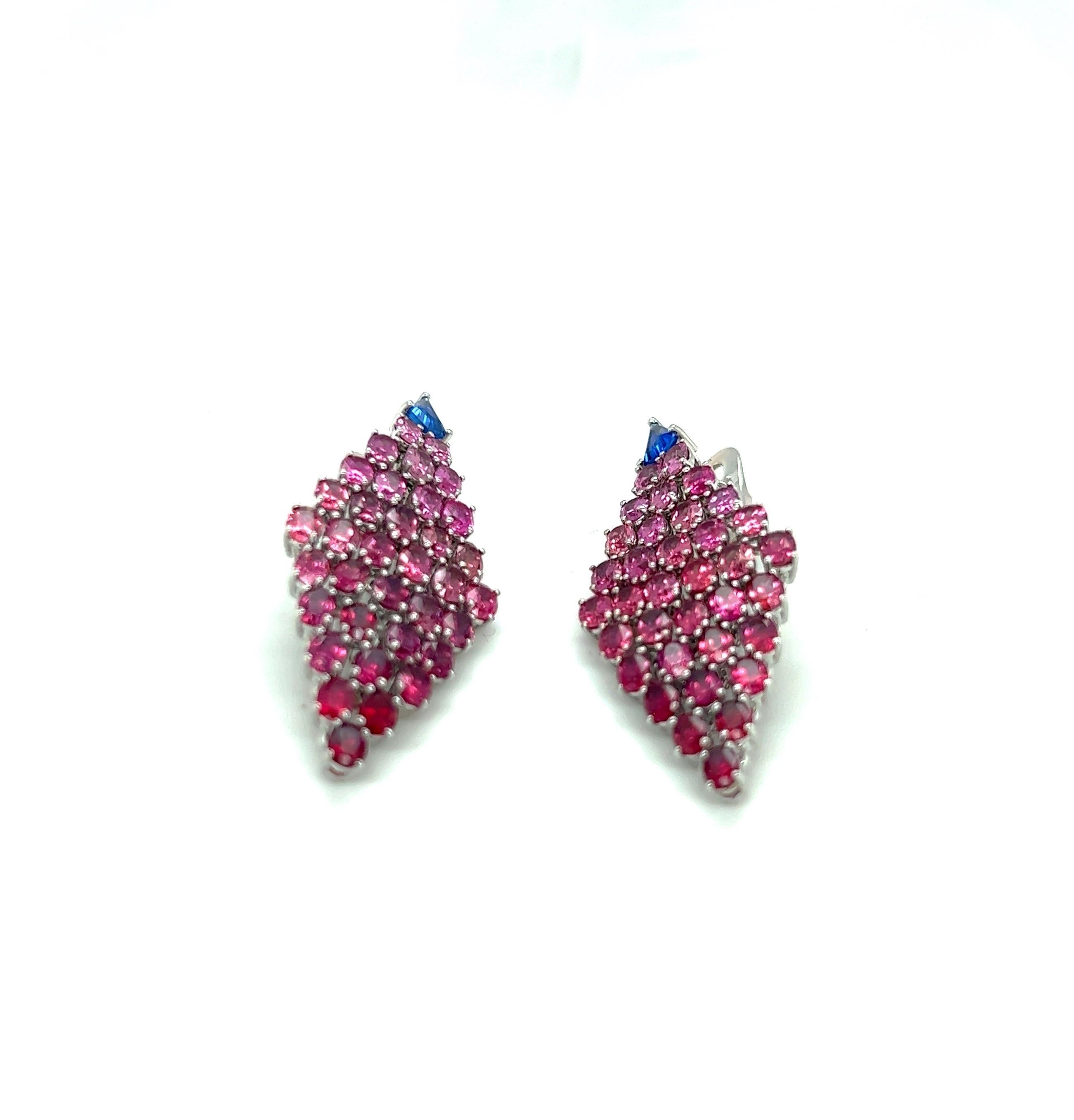 Modern 18 Karat White Gold Hanging Earrings with 14.20Cts Ombre' Rubies For Sale