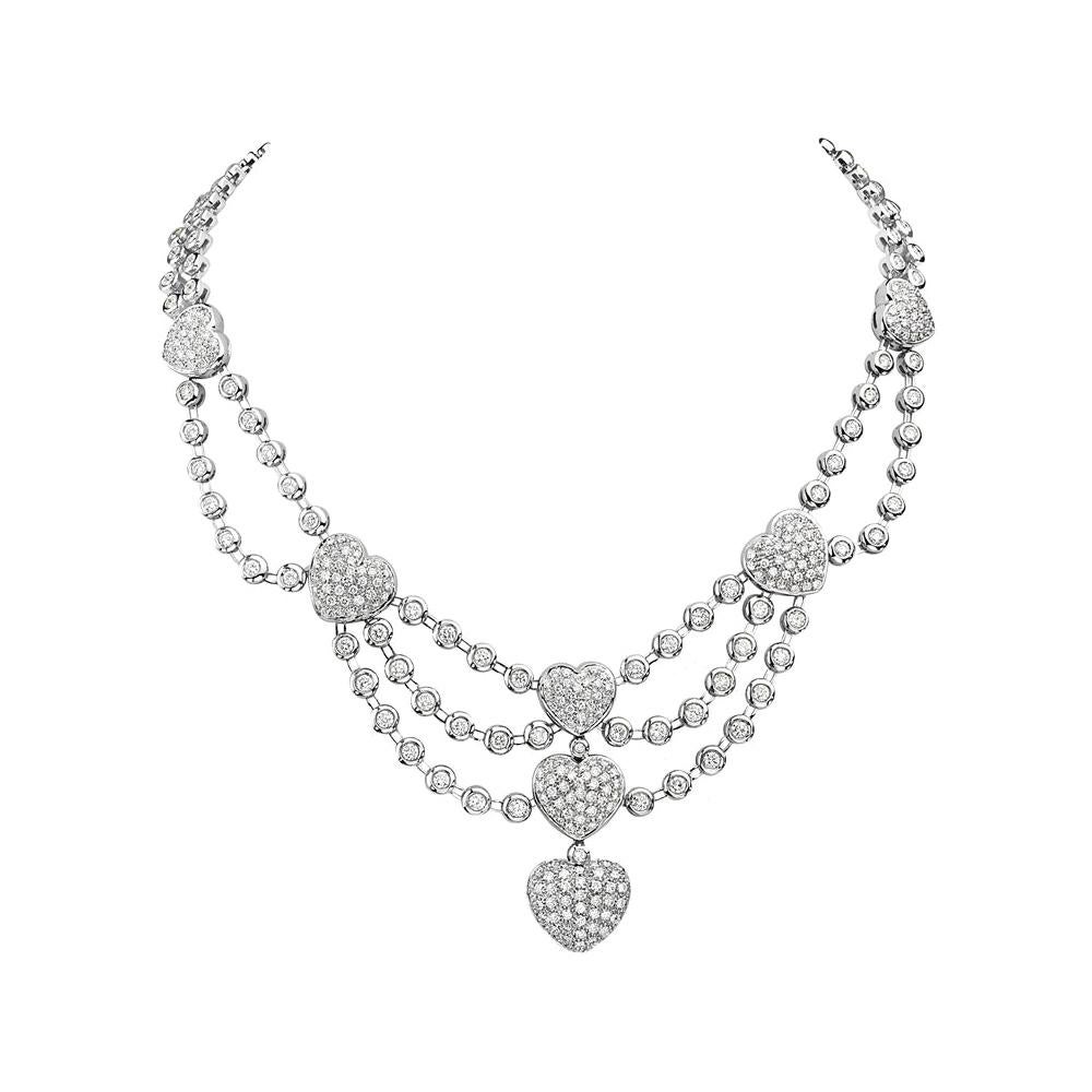 18 Karat White Gold Heart Charm Multi Row Chandelier Necklace