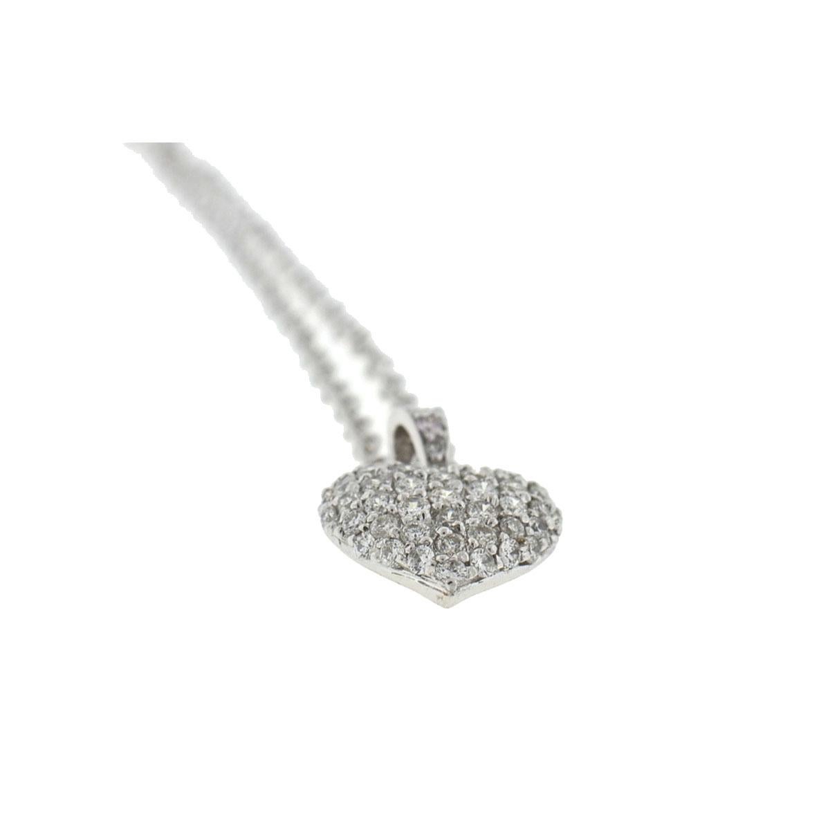 18 Karat White Gold Heart Pave Necklace with Fine Chain Necklace .48 Carat In Excellent Condition In Boca Raton, FL