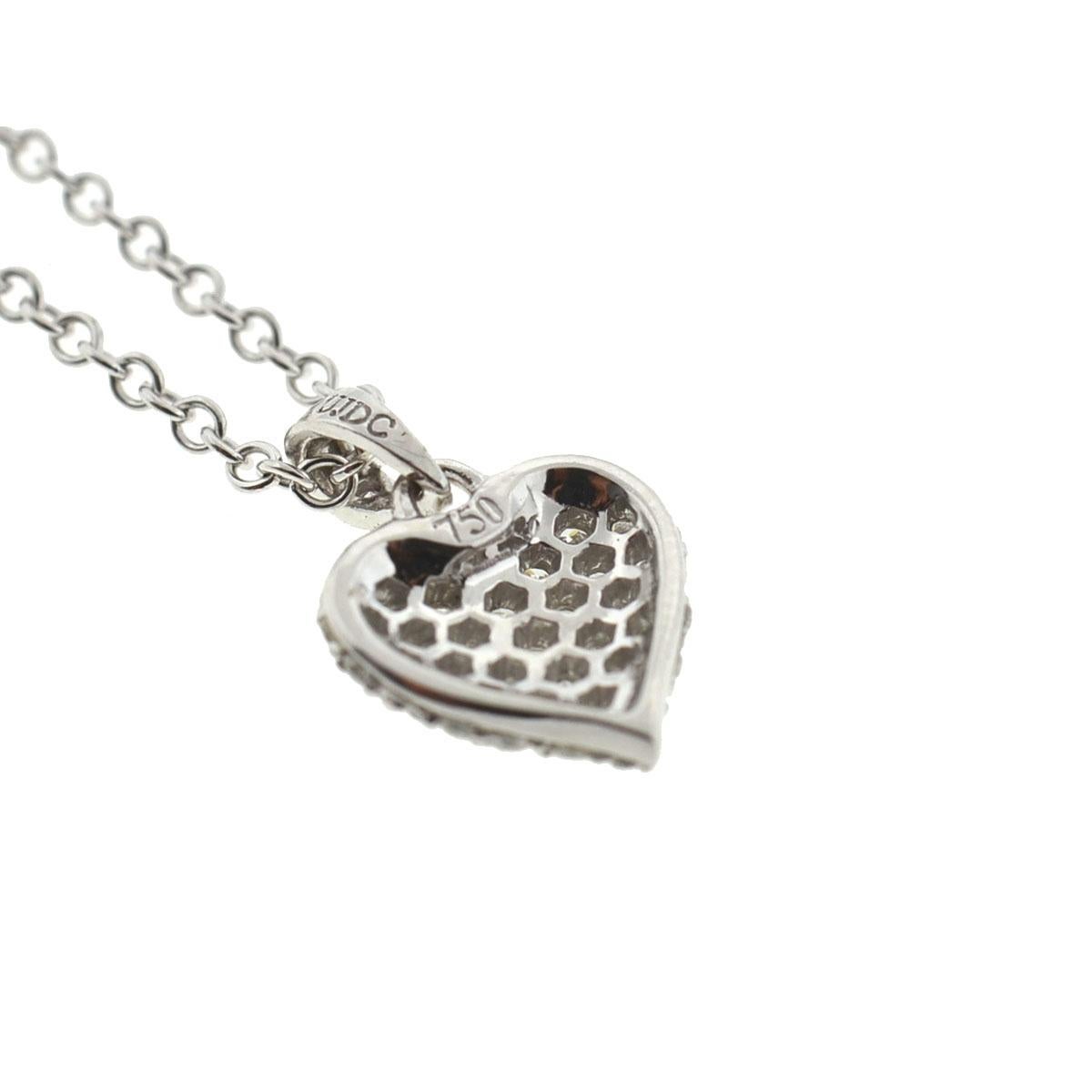 18 Karat White Gold Heart Pave Necklace with Fine Chain Necklace .48 Carat 1