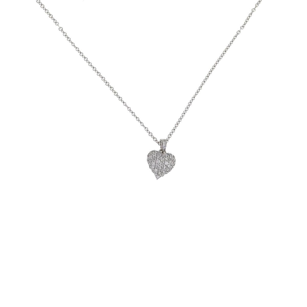 18 Karat White Gold Heart Pave Necklace with Fine Chain Necklace .48 Carat