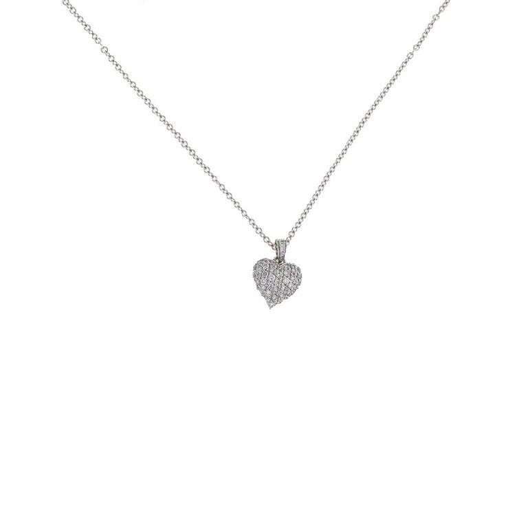 18 Karat White Gold Heart Pave Necklace with Fine Chain Necklace .48 ...