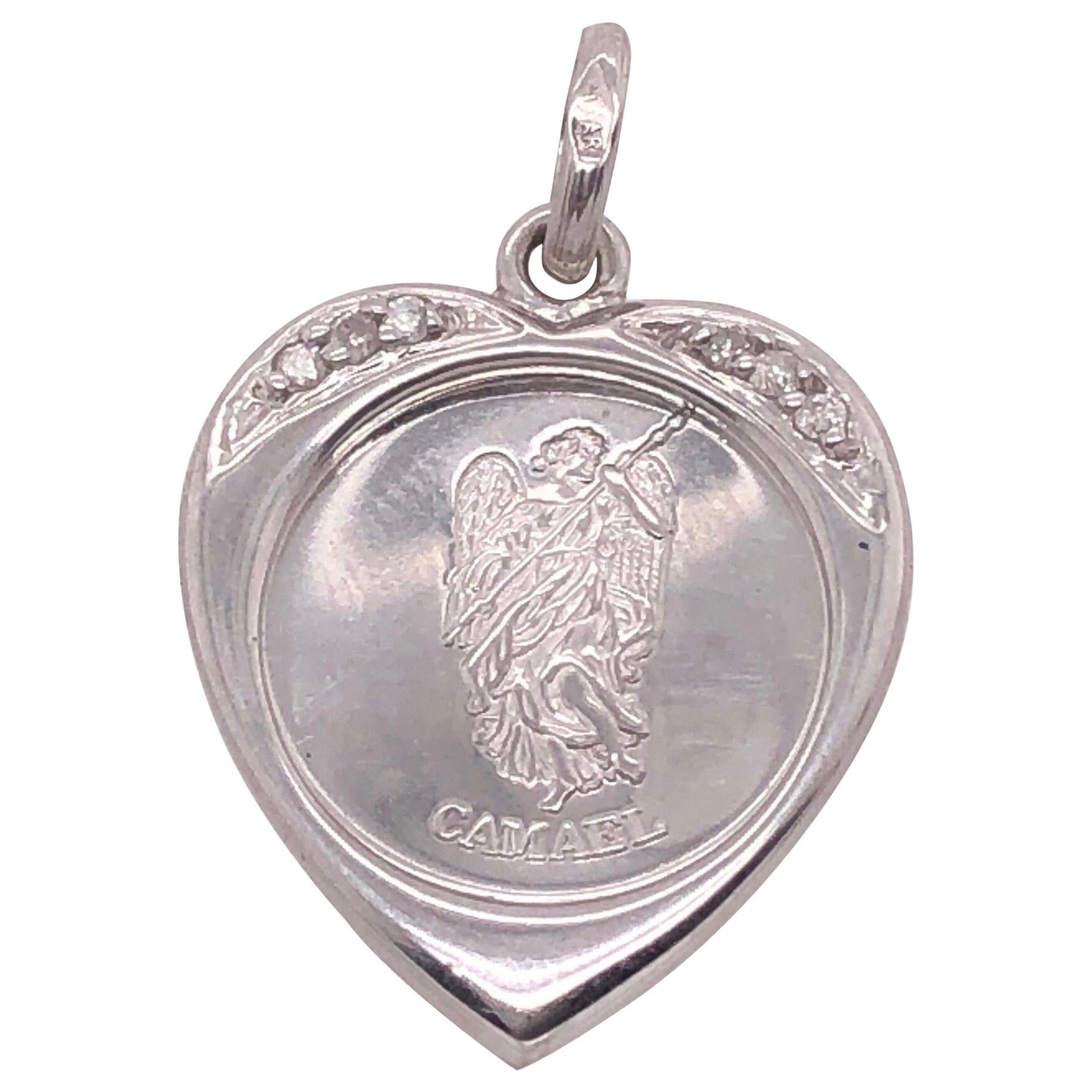 18 Karat White Gold Heart / Religious Pendant with Diamond Accents For Sale
