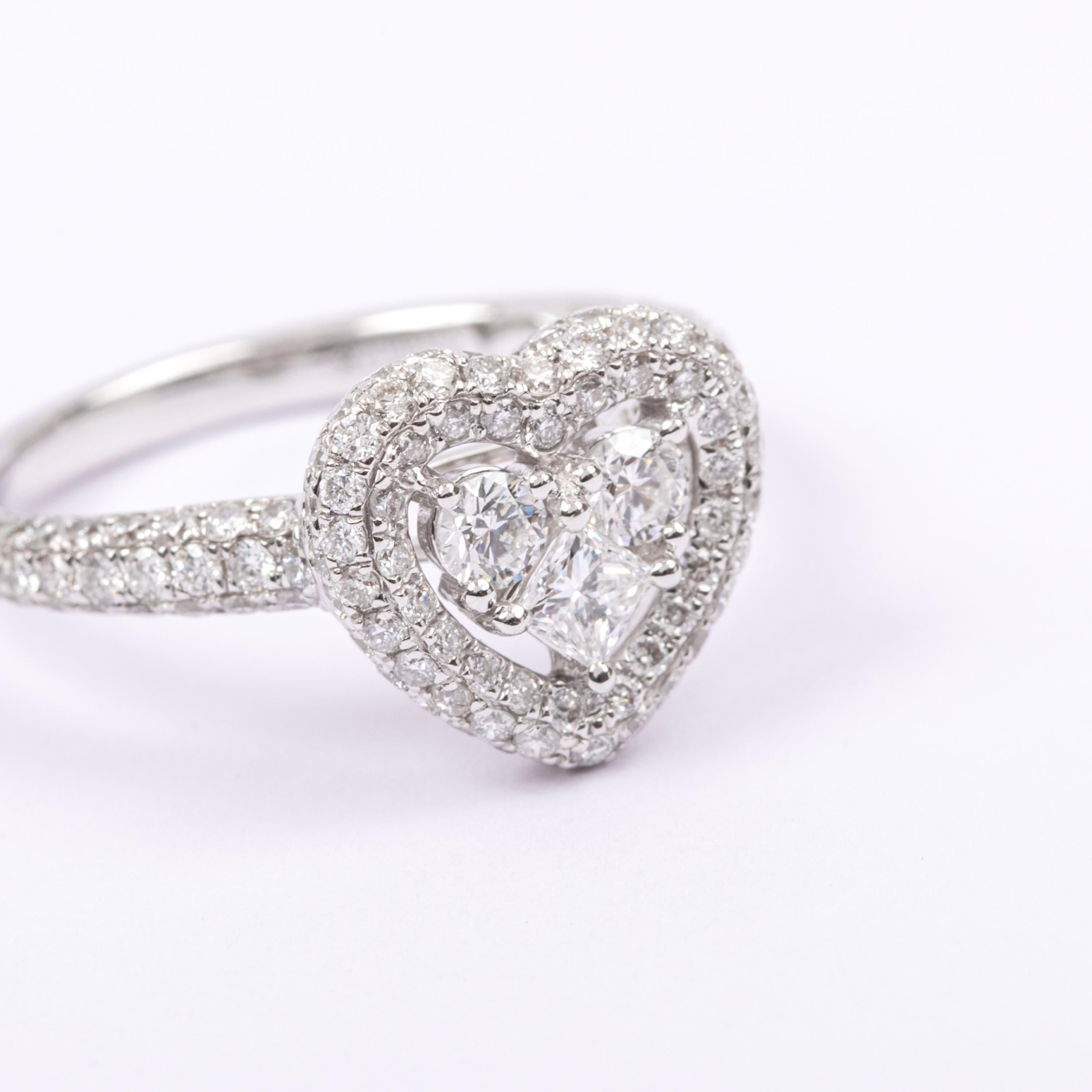 Princess Cut 18 Karat White Gold Heart Ring 1.29 Carat Brilliant and  Princess Diamonds