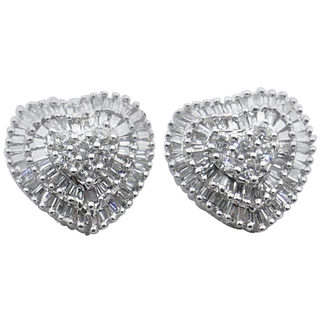 18 Karat White Gold "Heart Shape" Diamond Stud Earrings For Sale