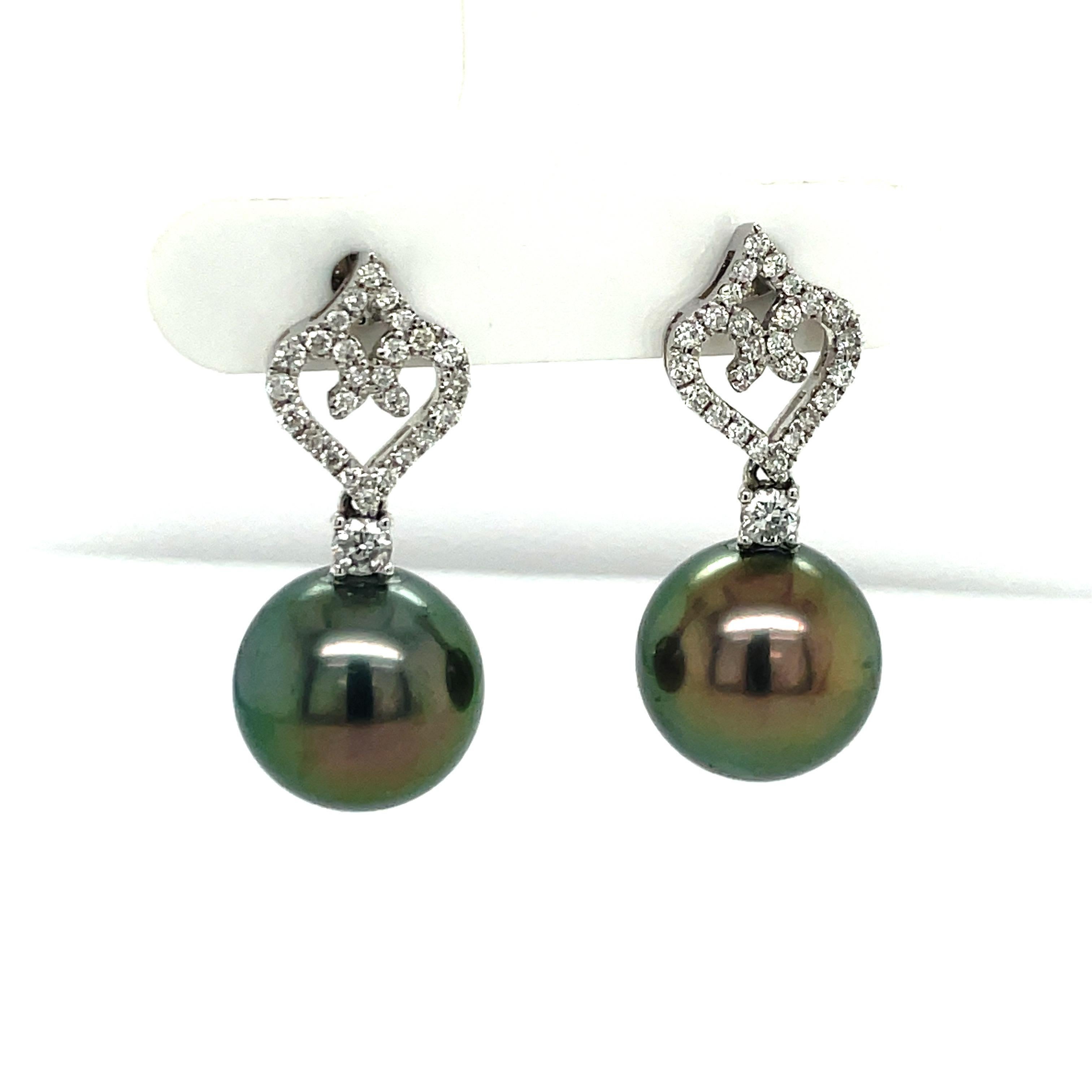 Contemporary 18 Karat White Gold Heart Tahitian Pearl Drop Earrings 0.38 Carats For Sale