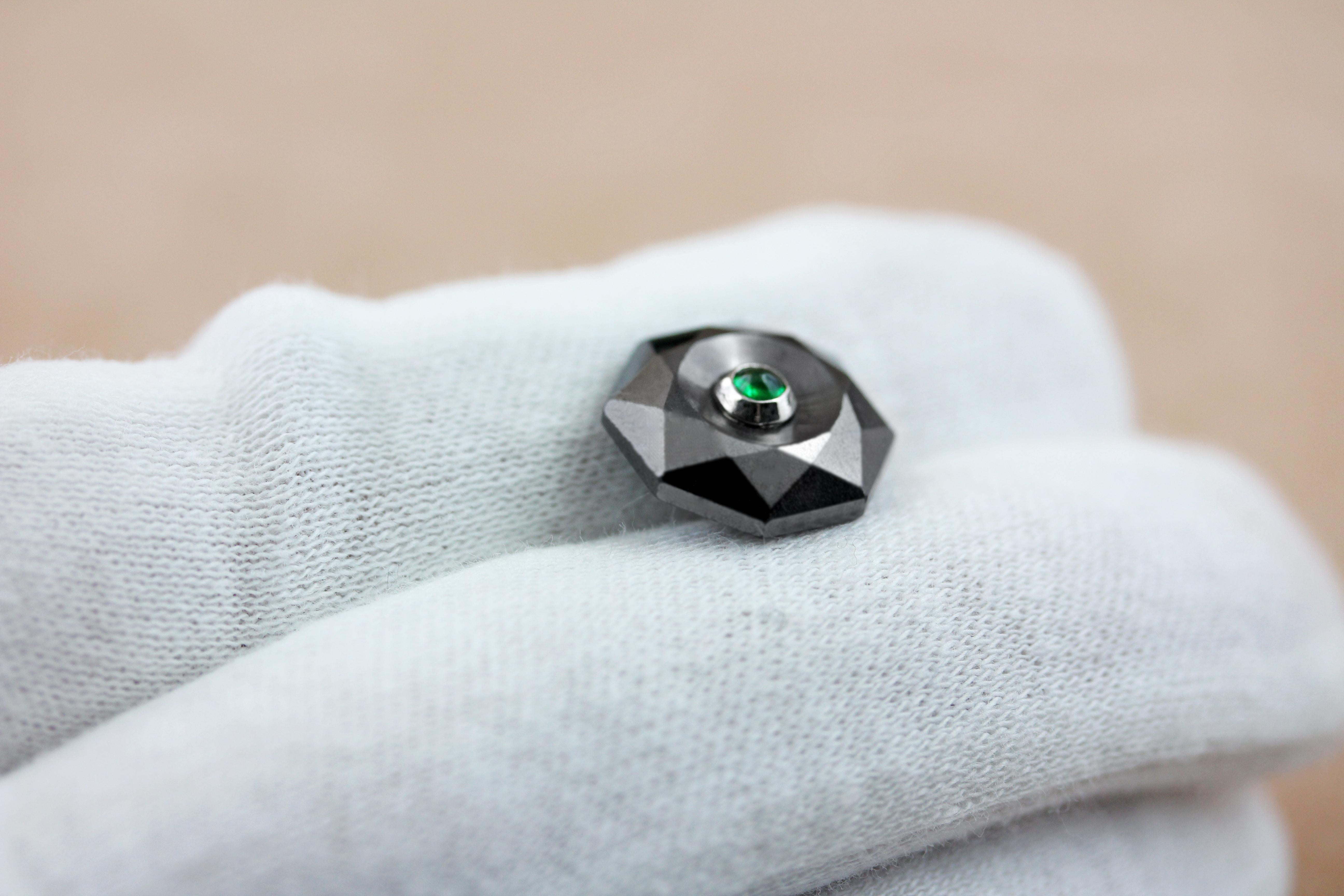 Cabochon 18 Karat White Gold Hematite Emeralds Octagonal Cufflinks For Sale