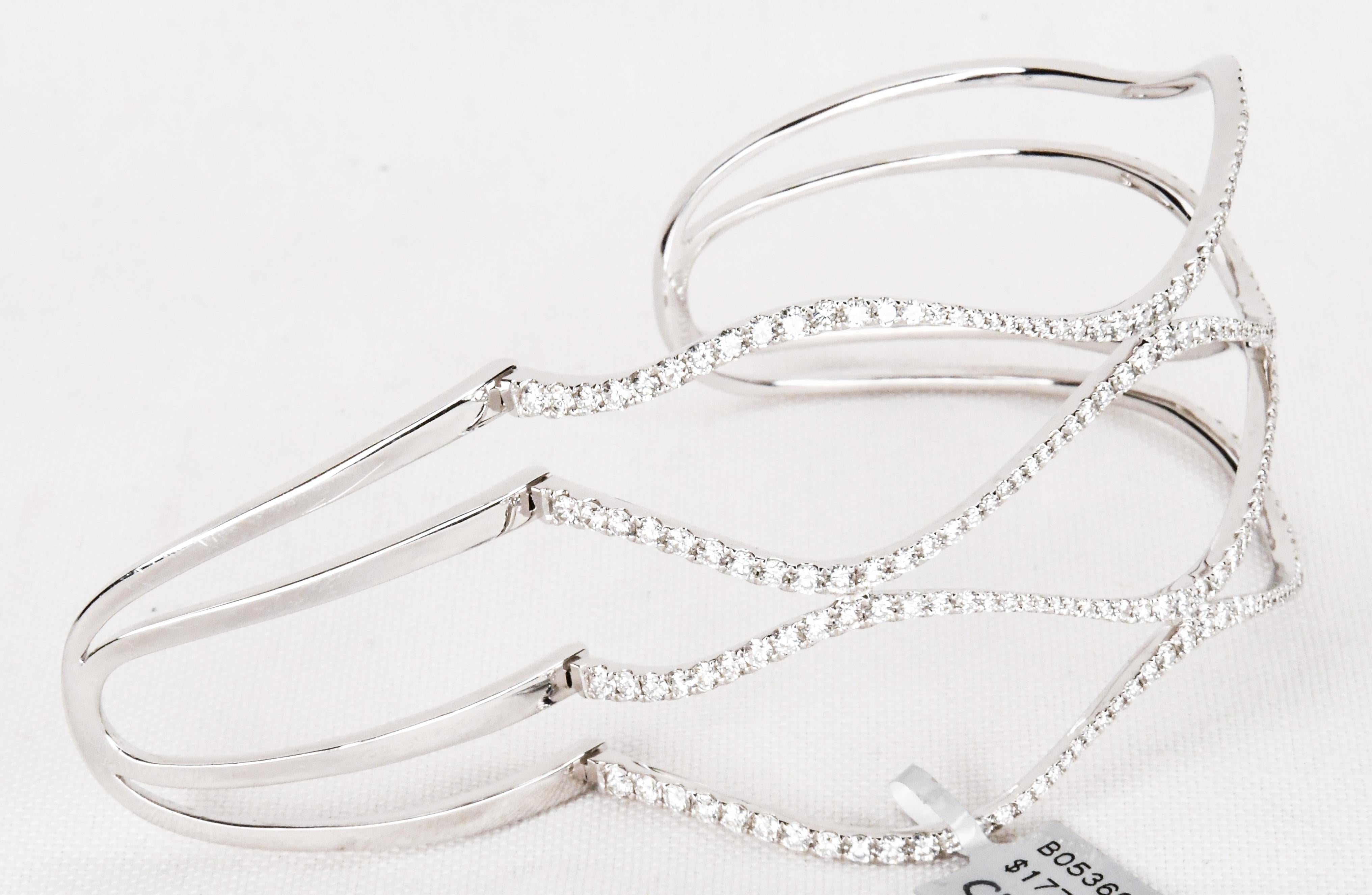 Women's or Men's 18 Karat White Gold Hinged Open End Diamond Pave Cuff Bracelet Brand New For Sale