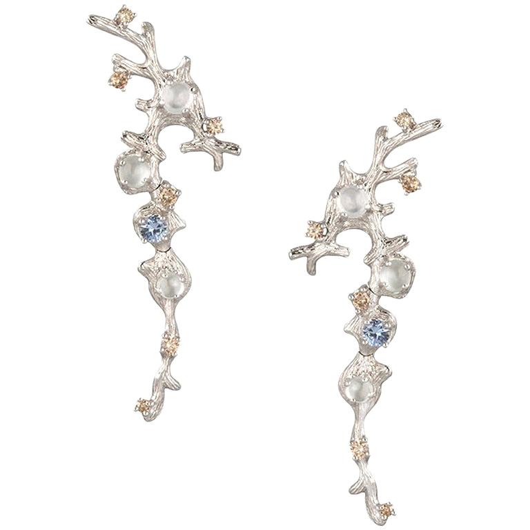 18 Karat White Gold Icy Jade, Diamond and Sapphire Award Earrings For Sale