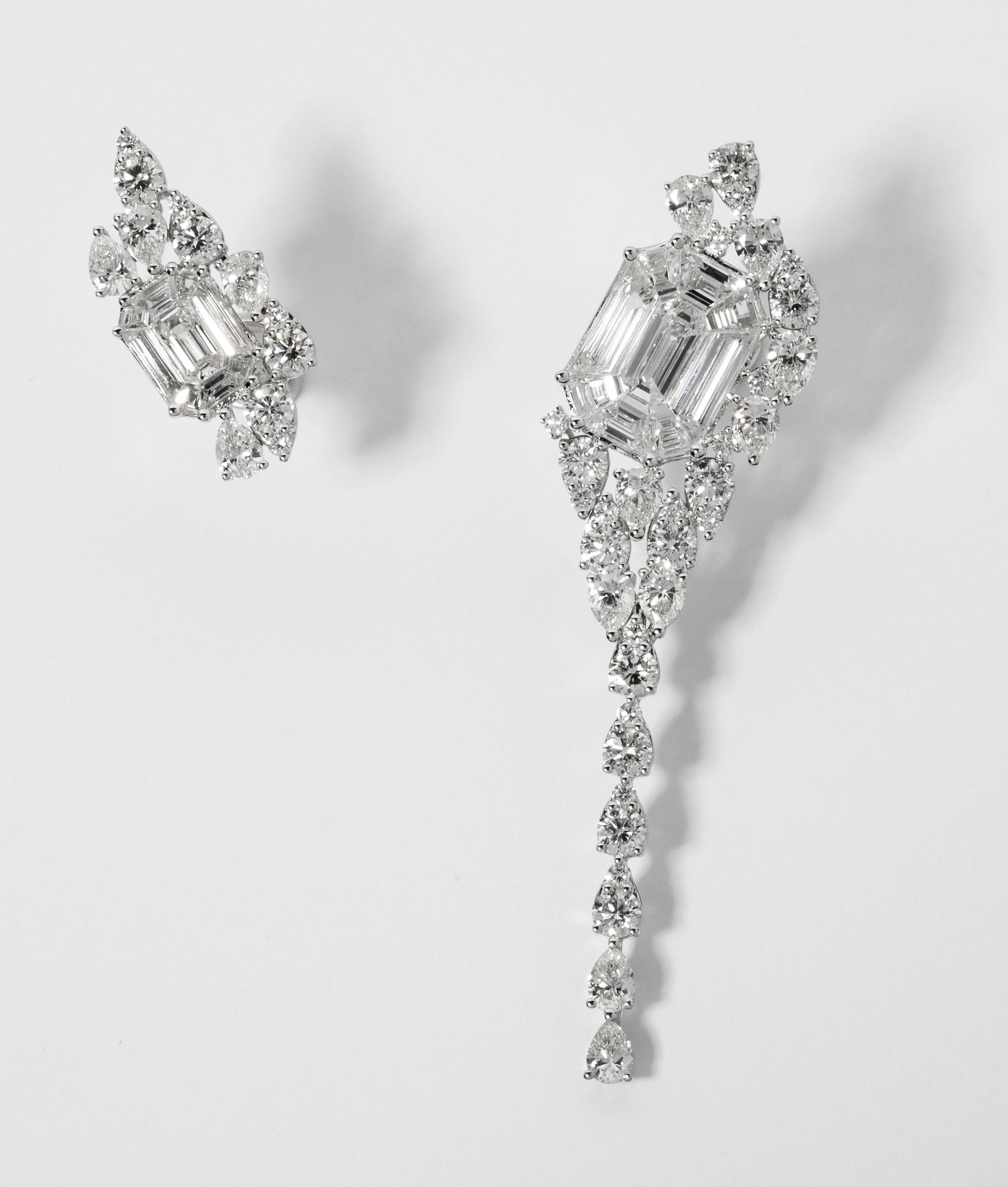 Women's 18 Karat White Gold Illusion Asymmetrical Diamond Earrings
