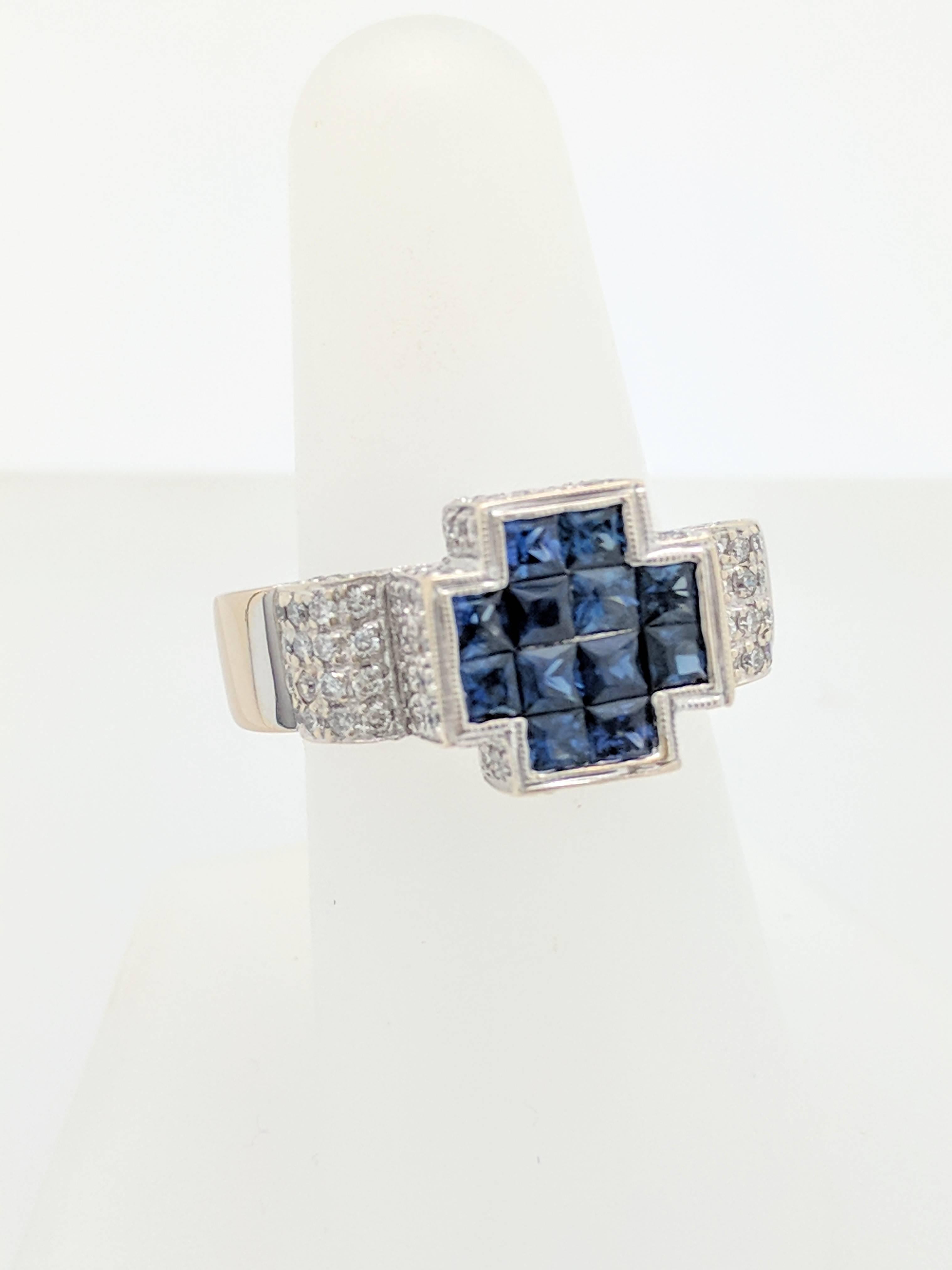 Contemporary 18 Karat White Gold Illusion Set Sapphire and Diamond Cross Ring