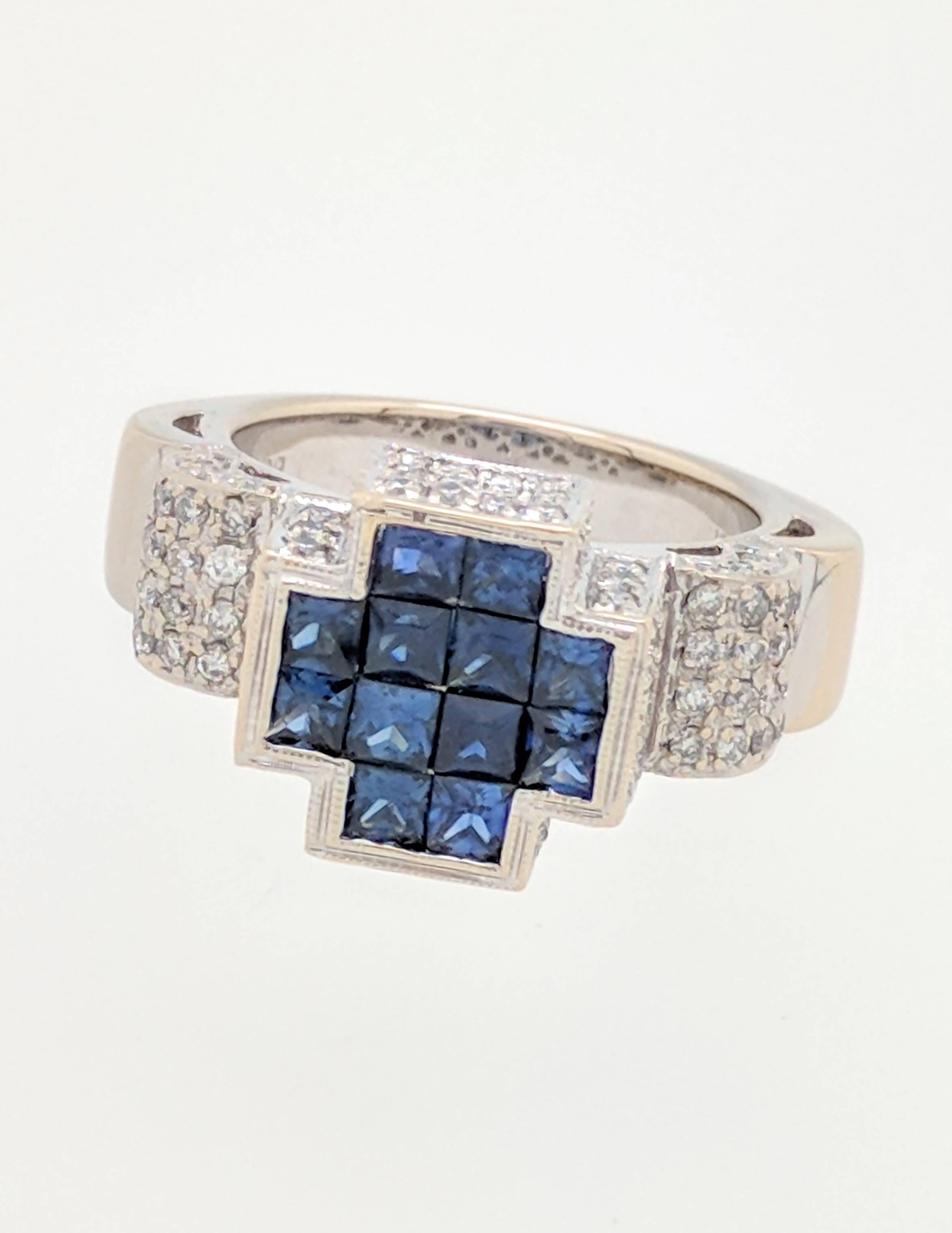 18 Karat White Gold Illusion Set Sapphire and Diamond Cross Ring In Excellent Condition In Gainesville, FL