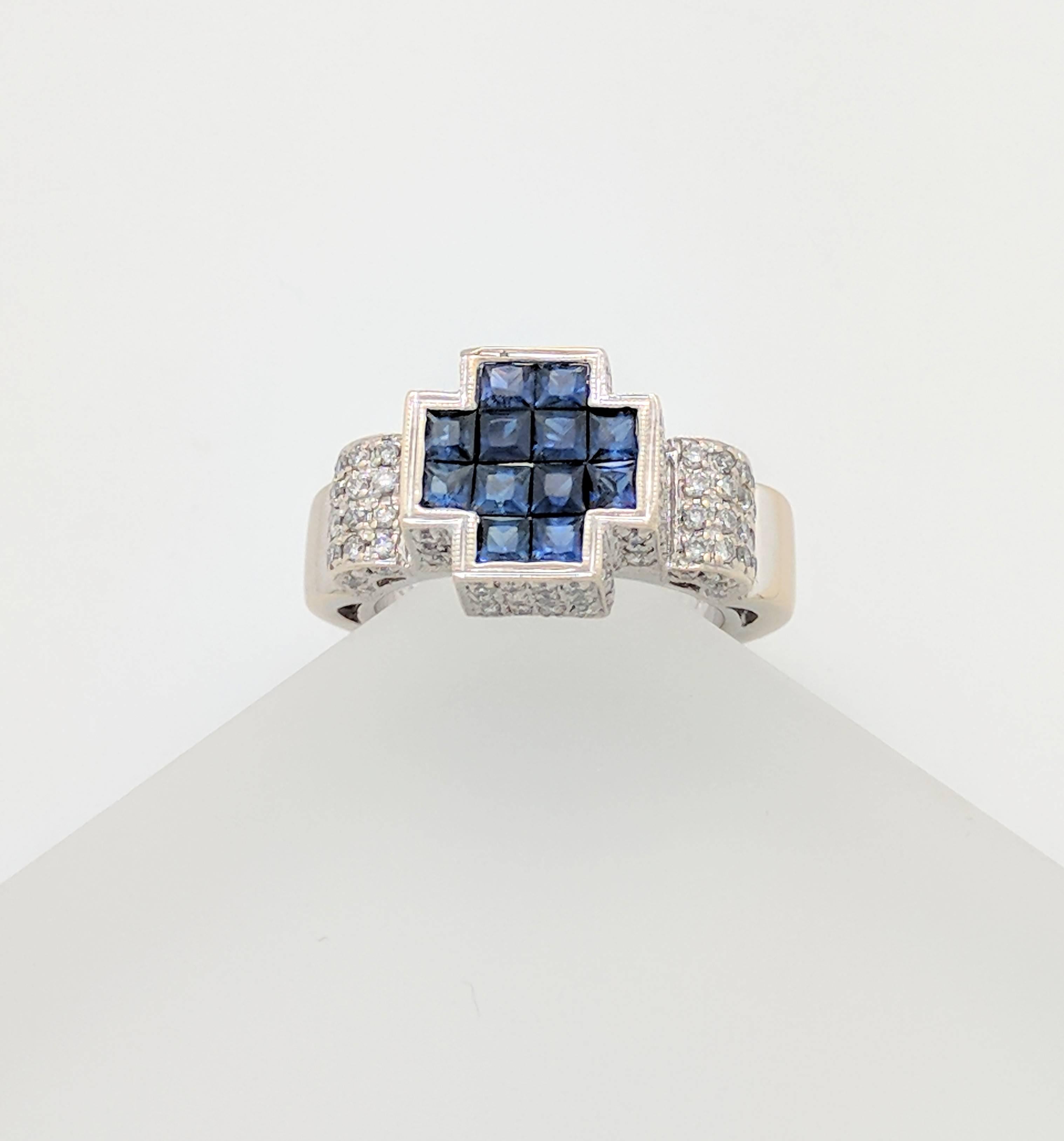 Women's 18 Karat White Gold Illusion Set Sapphire and Diamond Cross Ring