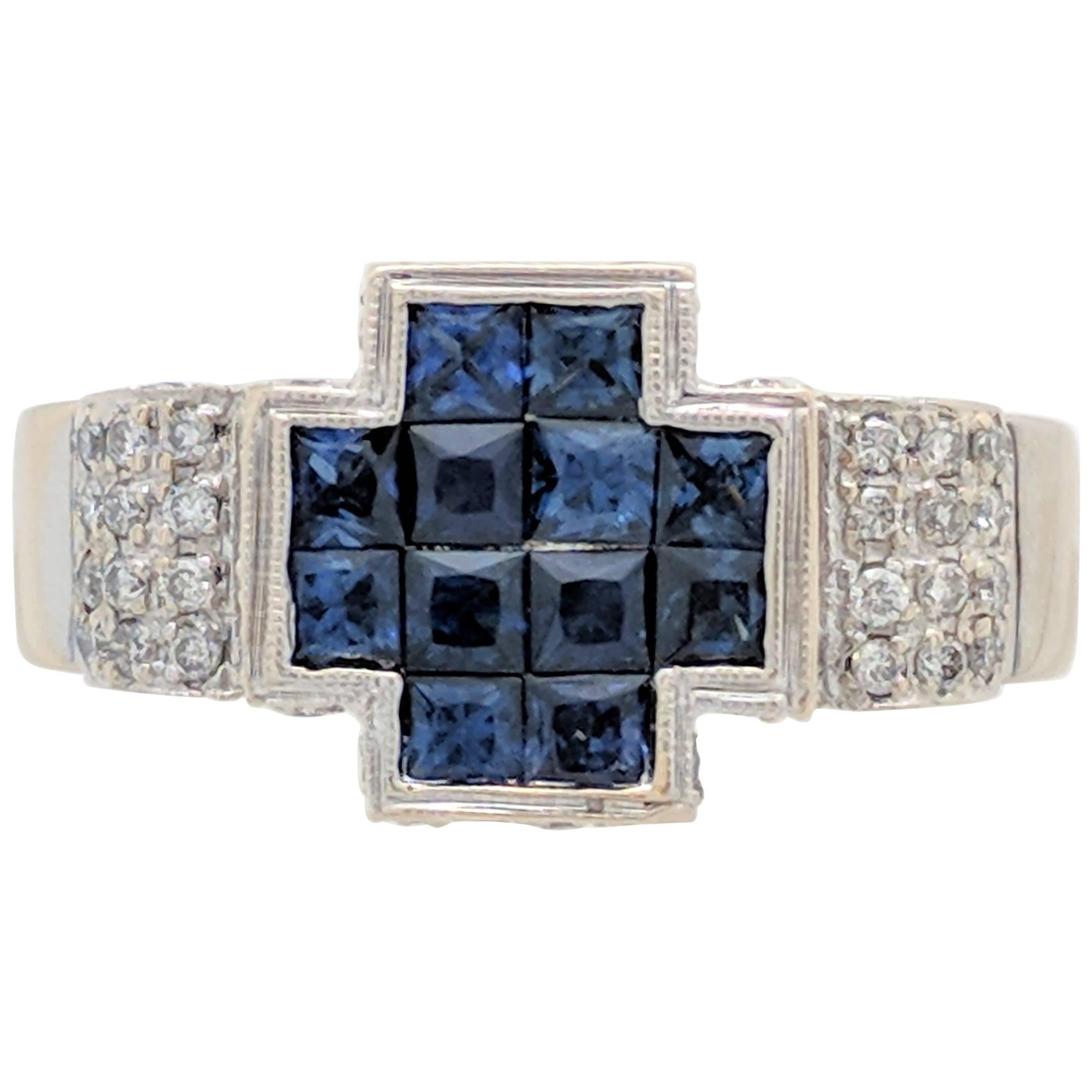 18 Karat White Gold Illusion Set Sapphire and Diamond Cross Ring