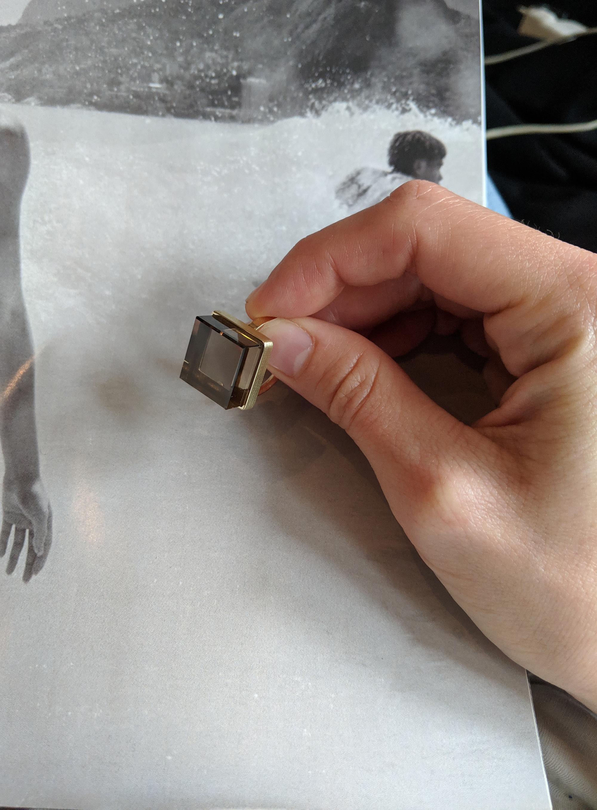 Contemporary Ink Ring with Smoky Quartz in Fourteen Karat White Gold For Sale 2
