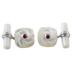 18 Karat White Gold Interwoven Square Mother of Pearl Agate Rubies Cufflinks
