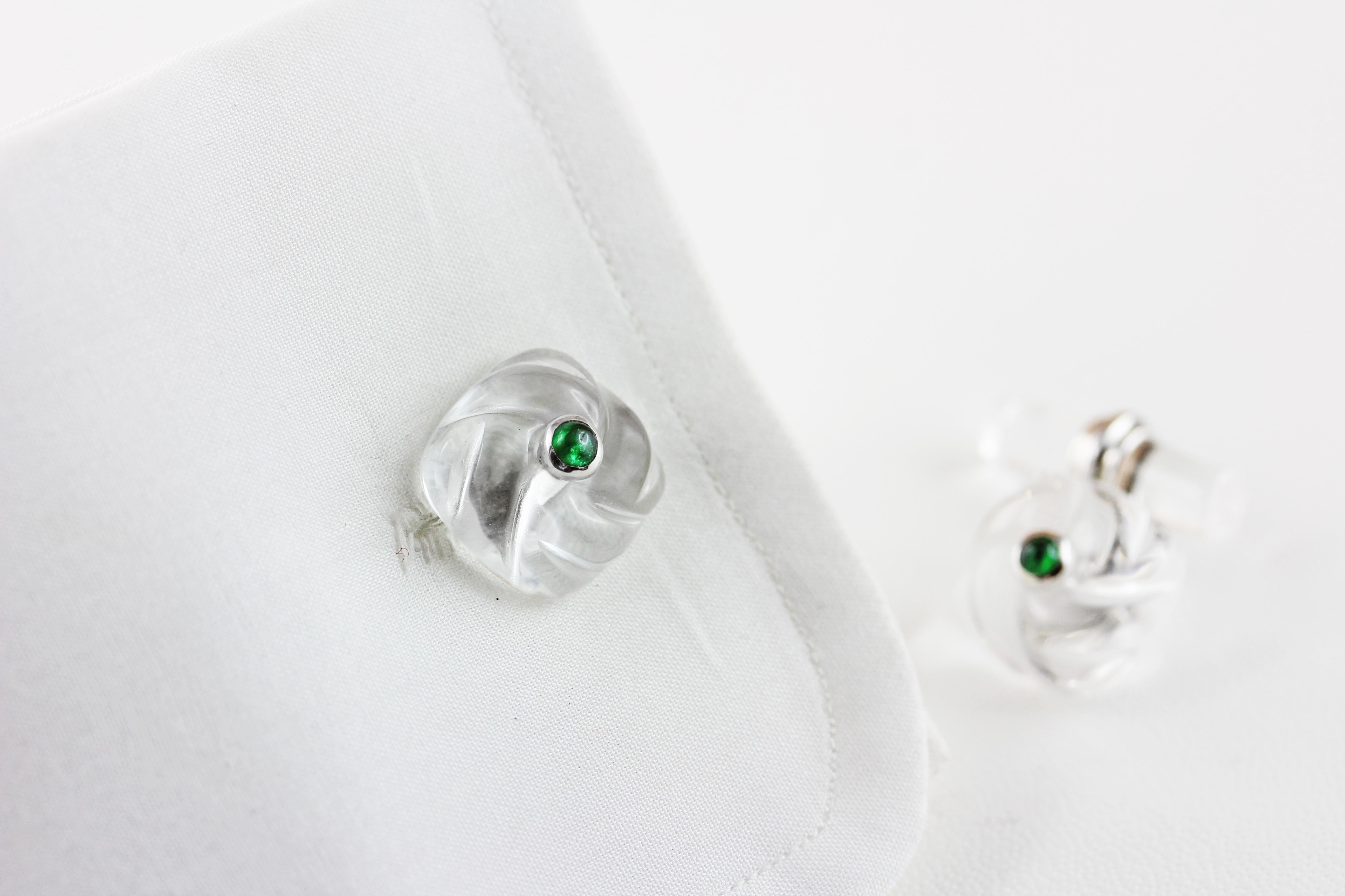 Cabochon 18 Karat White Gold Interwoven Square Rock Crystal and Emeralds Cufflinks For Sale