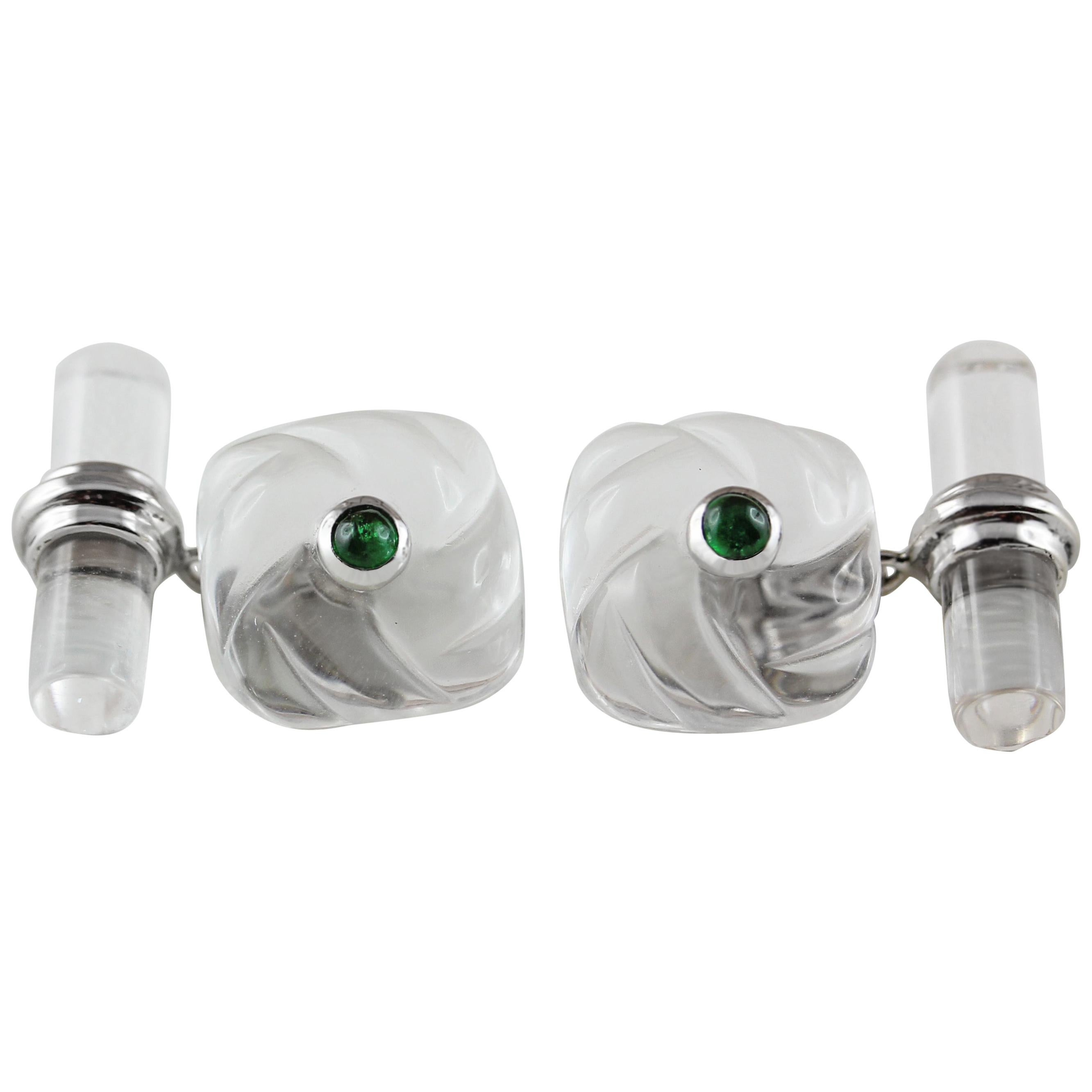18 Karat White Gold Interwoven Square Rock Crystal and Emeralds Cufflinks For Sale