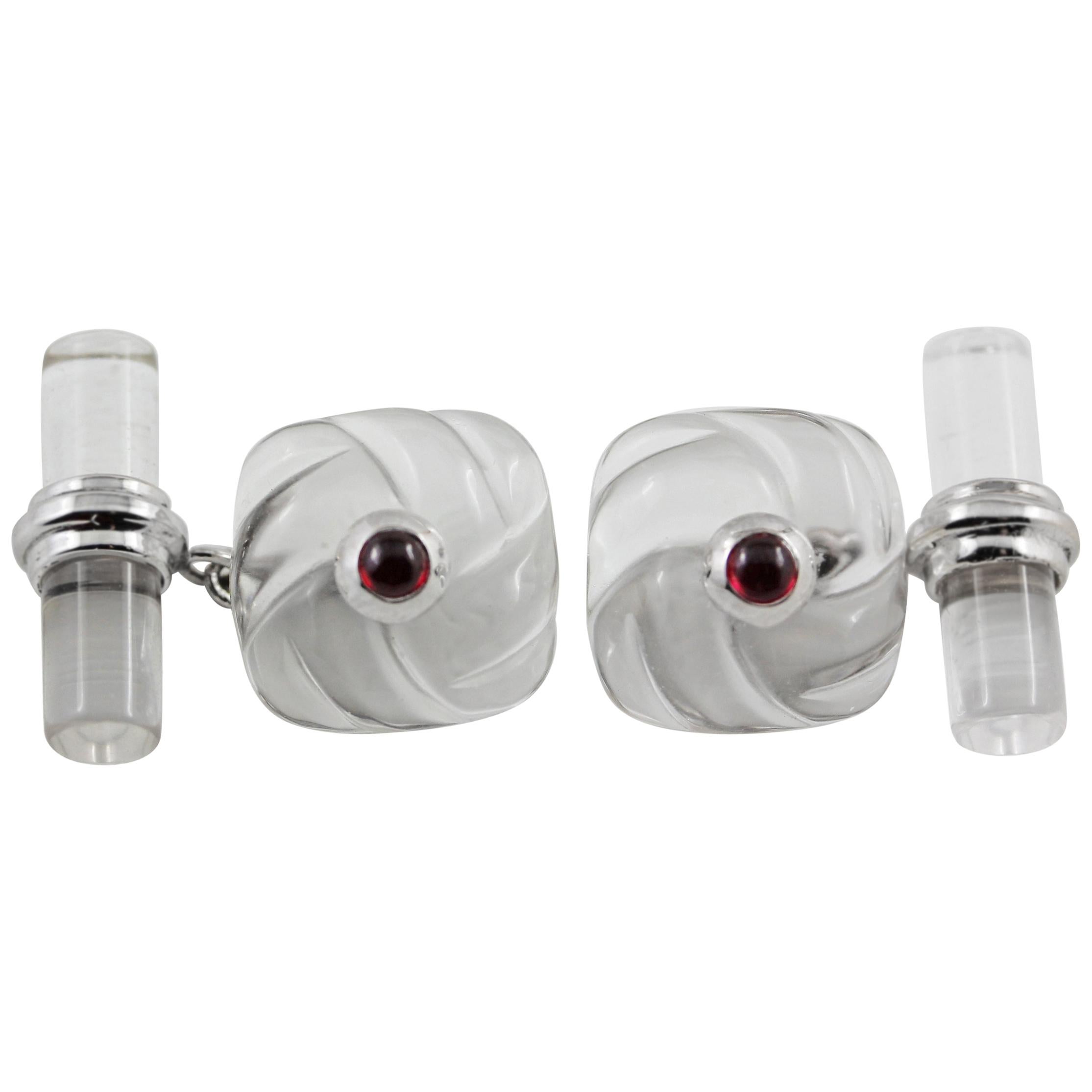 18 Karat White Gold Interwoven Square Rock Crystal and Rubies Cufflinks For Sale