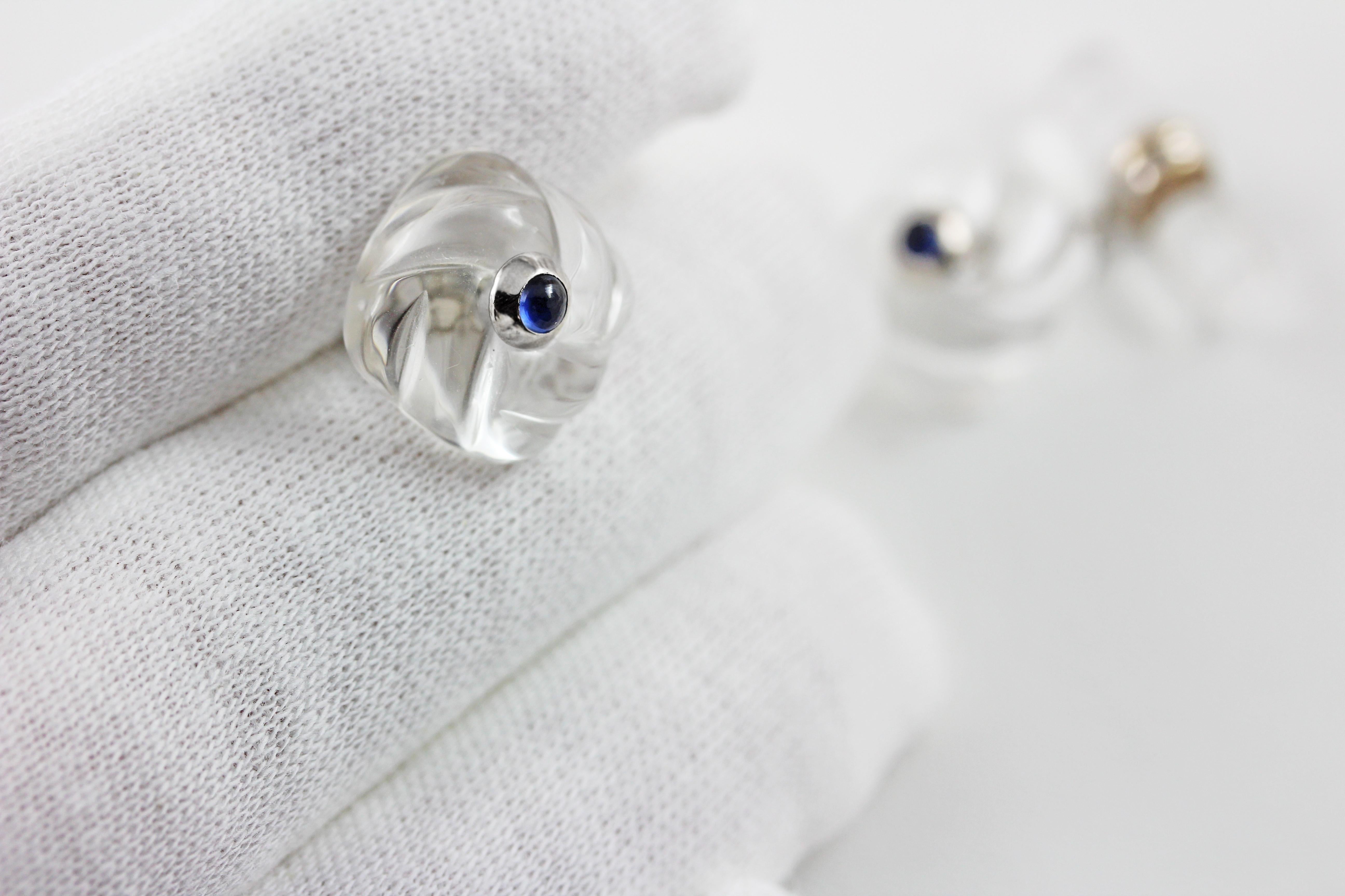 Cabochon 18 Karat White Gold Interwoven Square Rock Crystal and Sapphires Cufflinks