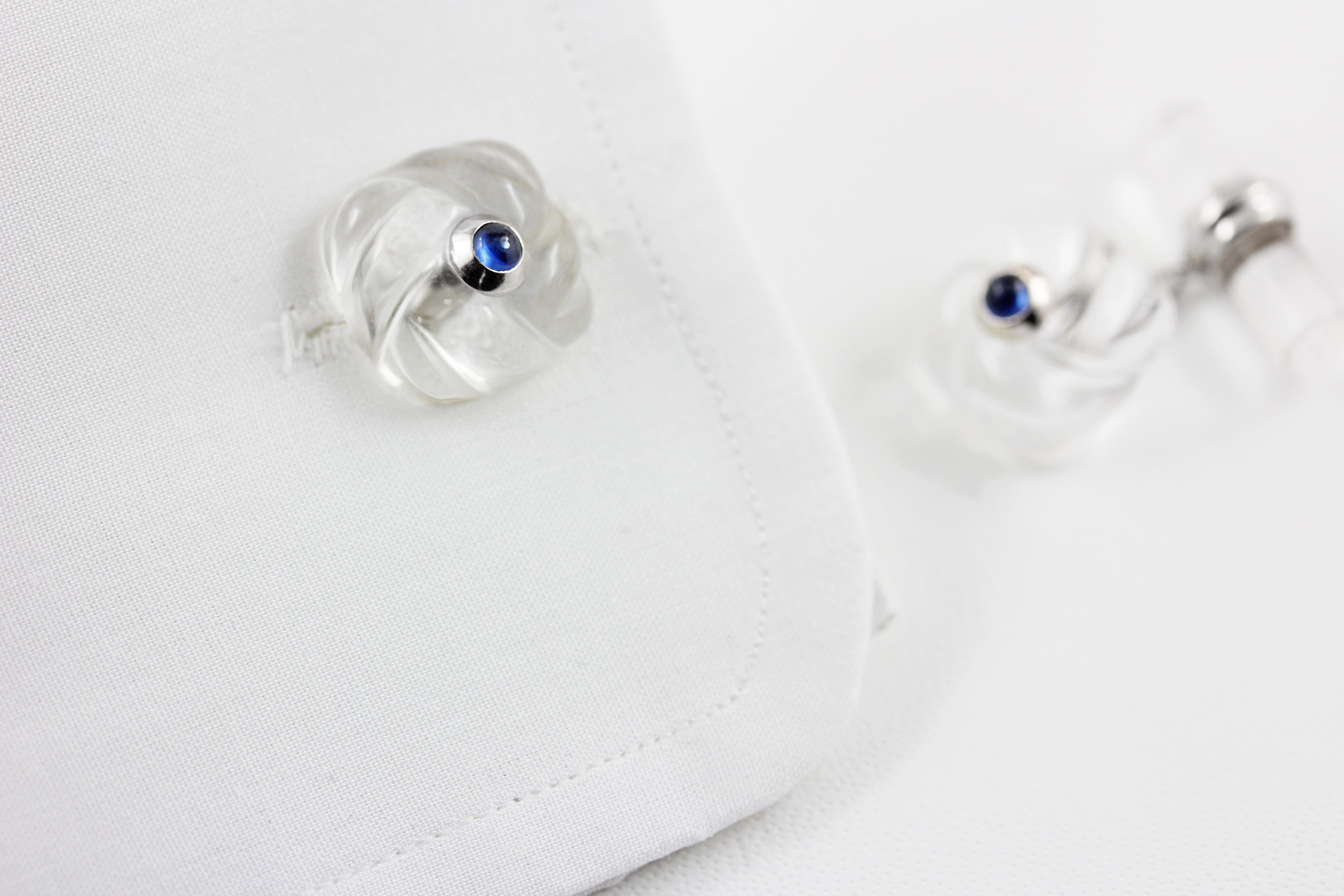 18 Karat White Gold Interwoven Square Rock Crystal and Sapphires Cufflinks In New Condition In Milano, IT