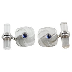 18 Karat White Gold Interwoven Square Rock Crystal and Sapphires Cufflinks