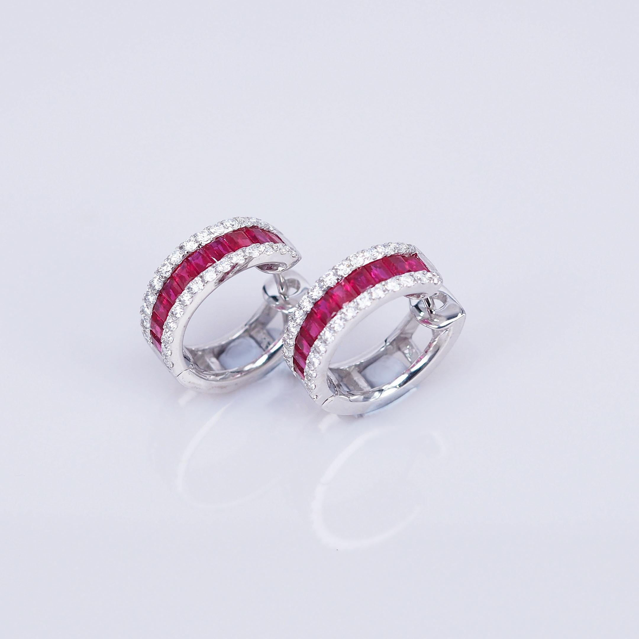 Modern 18 Carat White Gold Invisible Ruby Hoop Earrings For Sale