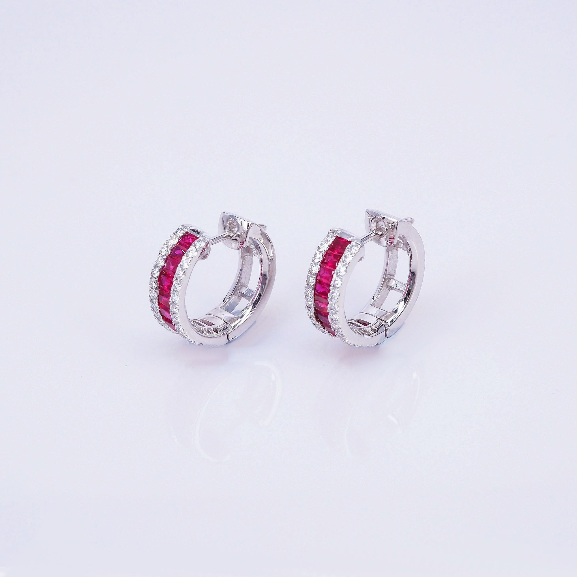 Square Cut 18 Carat White Gold Invisible Ruby Hoop Earrings For Sale