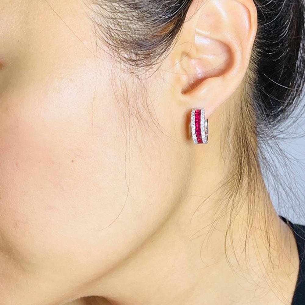 Women's 18 Carat White Gold Invisible Ruby Hoop Earrings For Sale
