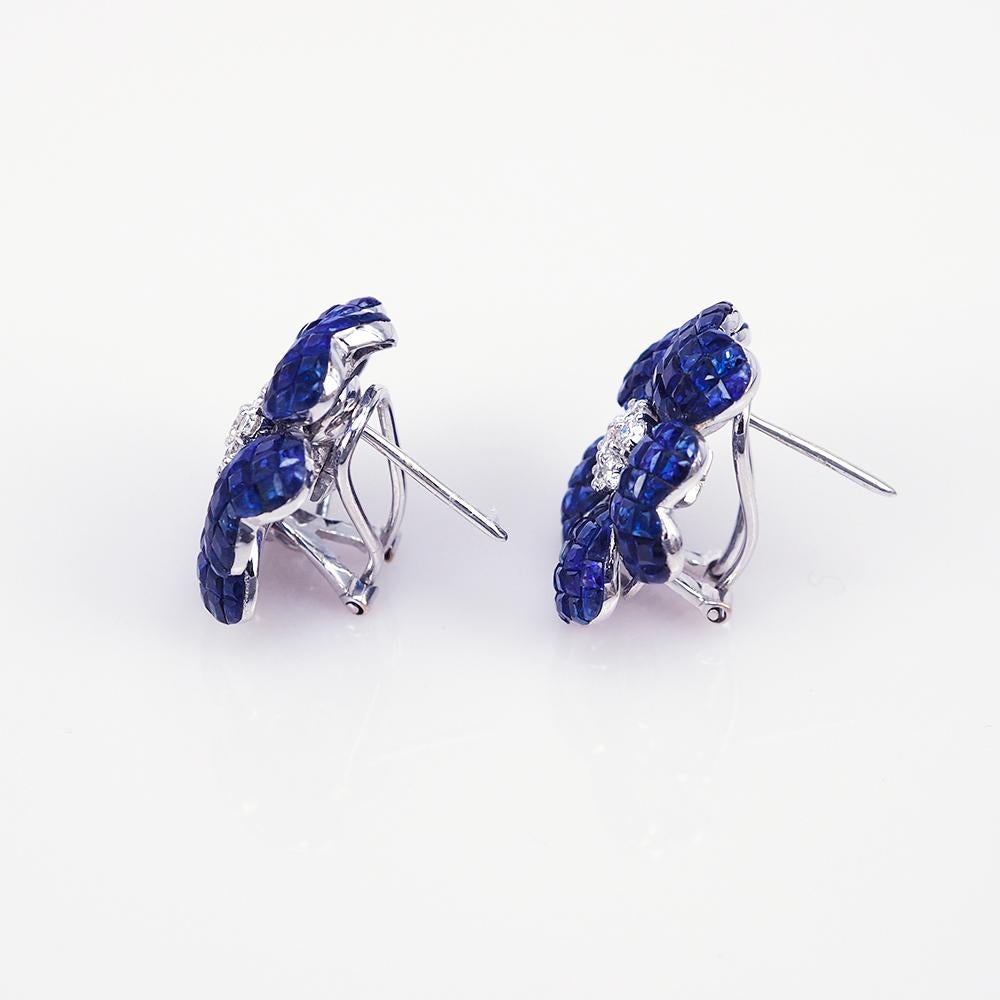 Square Cut 18 Carat White Gold Invisible Sapphire and Diamond Clip-On Earrings For Sale