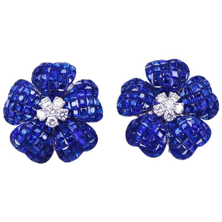 18 Karat White Gold Invisible Sapphire and Diamond Clip-On Earrings