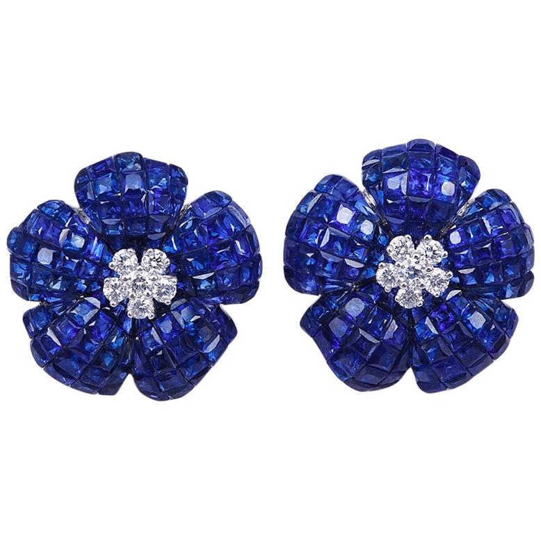 18 Karat White Gold Invisible Sapphire and Diamond Flower Clip-On Earrings