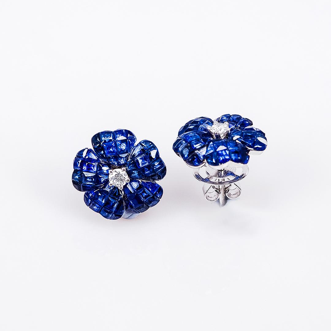 A lovely sapphire stud earrings that you can use as everyday. We use the top quality Sapphire for our invisible setting. It is sweet blue and very sparking. The invisible is a highly technique .We set the stone in perfection as we are professional