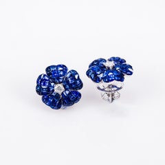 18 Carat White Gold Invisible Sapphire Flower Stud Earrings
