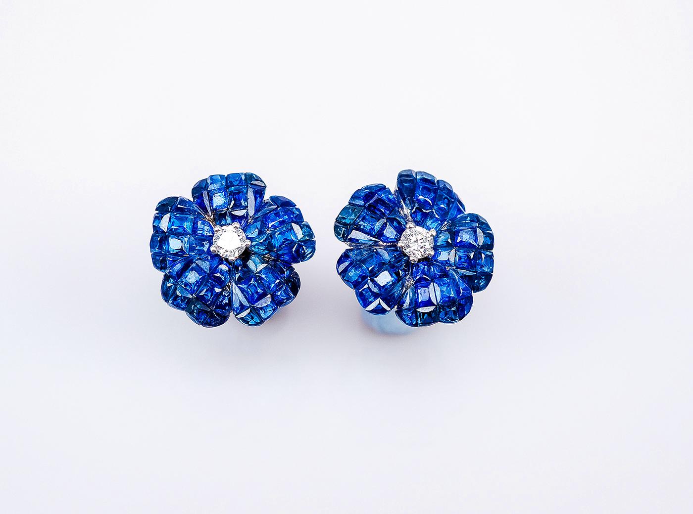 Modern 18 Karat White Gold Invisible Sapphire Flower Stud Earrings