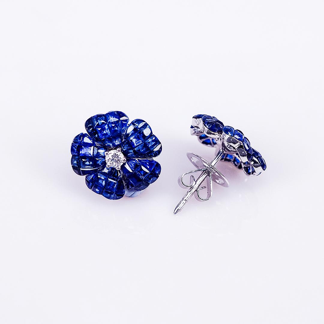 Modern 18 Karat White Gold Invisible Sapphire Flower Stud Earrings