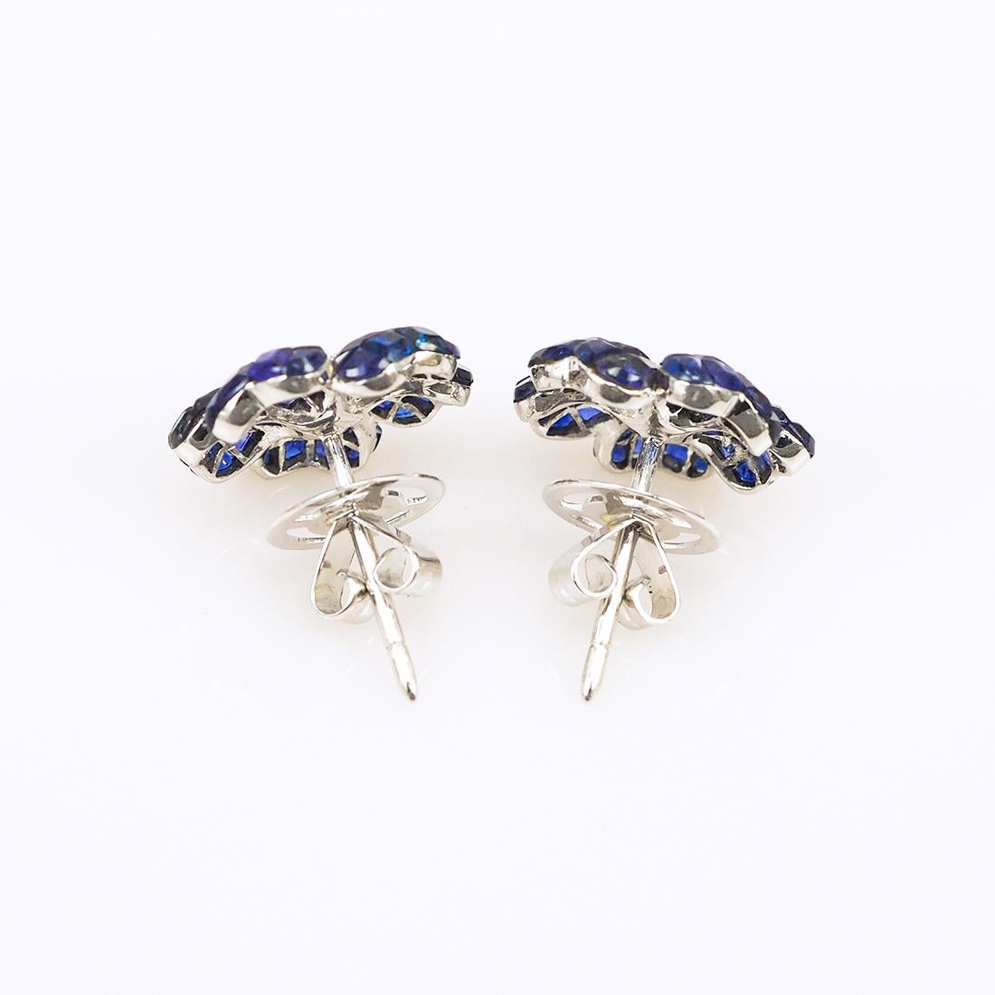 Square Cut 18 Carat White Gold Invisible Sapphire Flower Stud Earrings For Sale