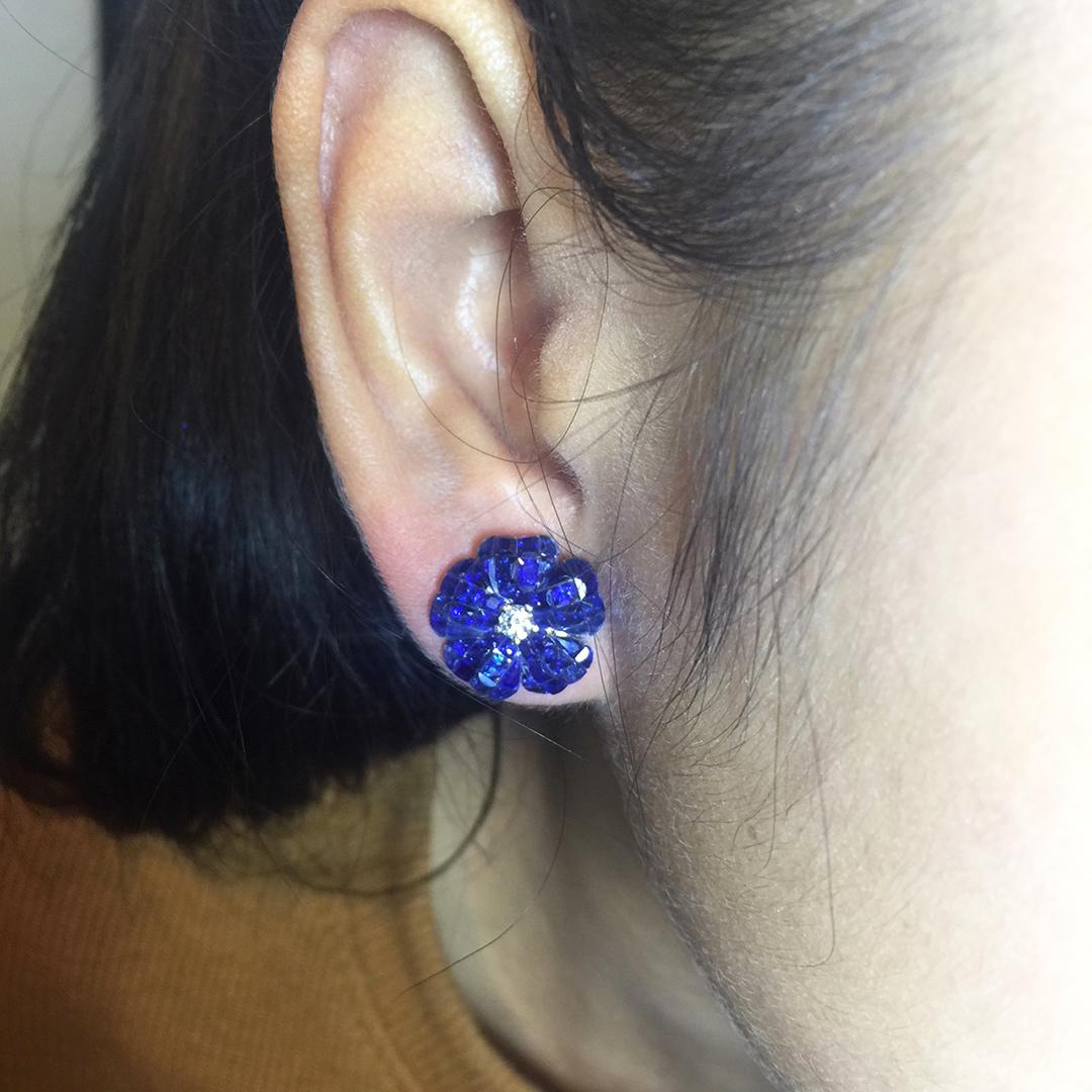 Women's 18 Karat White Gold Invisible Sapphire Flower Stud Earrings
