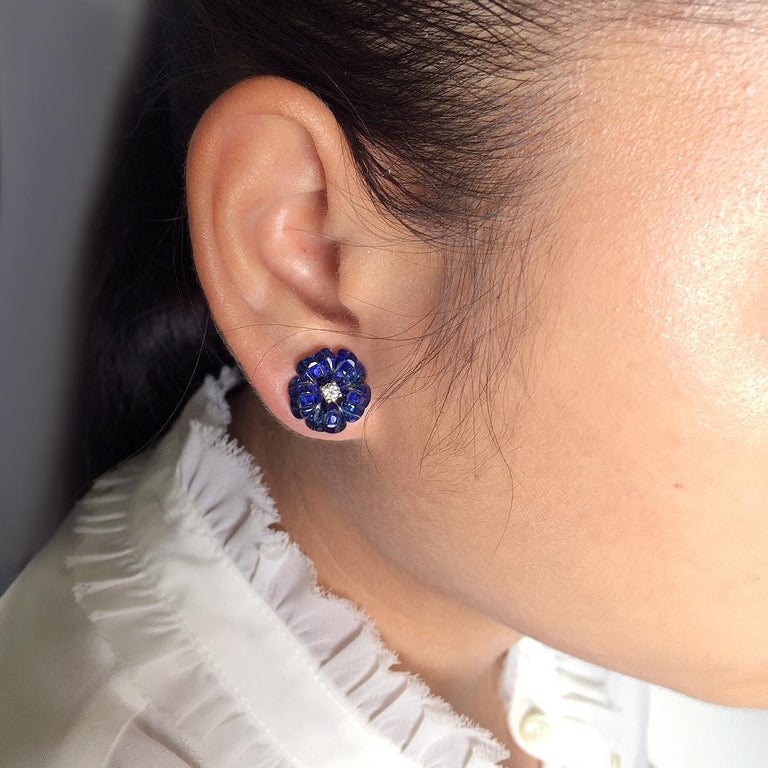 Women's 18 Karat White Gold Invisible Sapphire Flower Stud Earrings For Sale