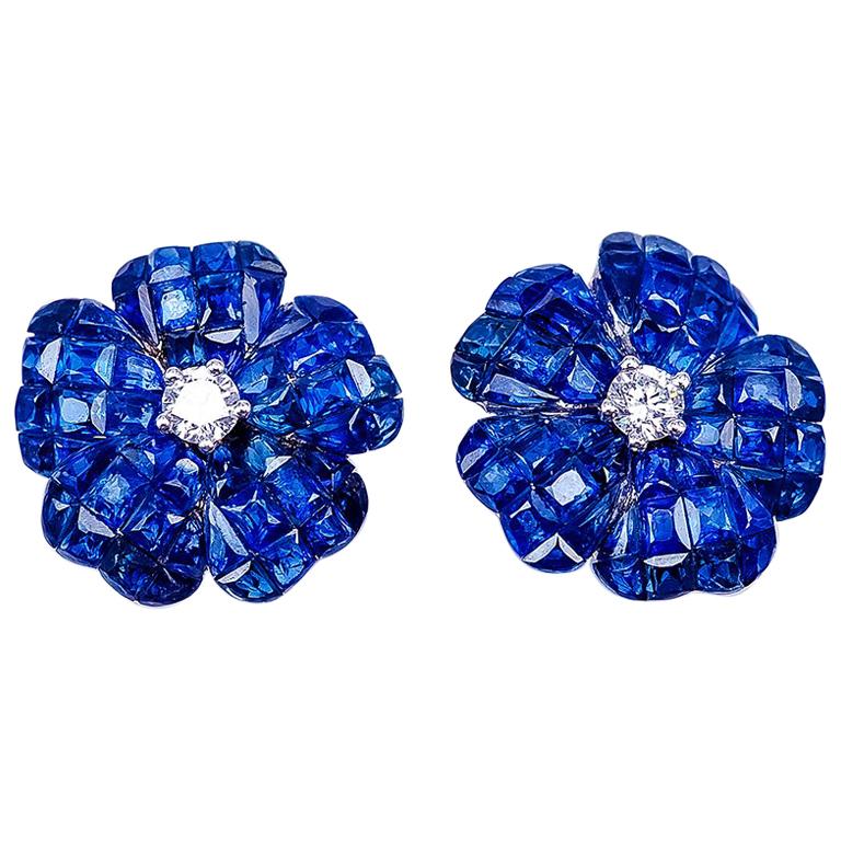 18 Karat White Gold Invisible Sapphire Flower Stud Earrings